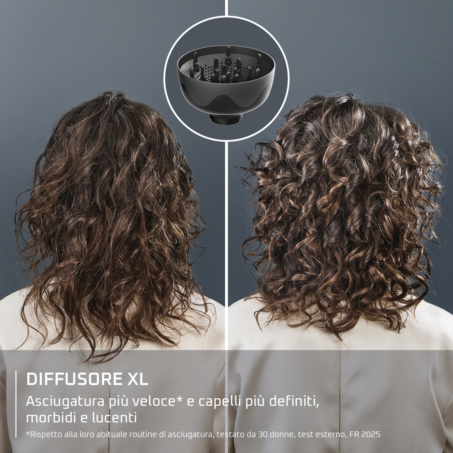 L'immagine mostra capelli ricci prima e dopo l'uso di un diffusore. Un diffusore nero è in alto. Il testo dice: asciugatura più rapida e capelli definiti.