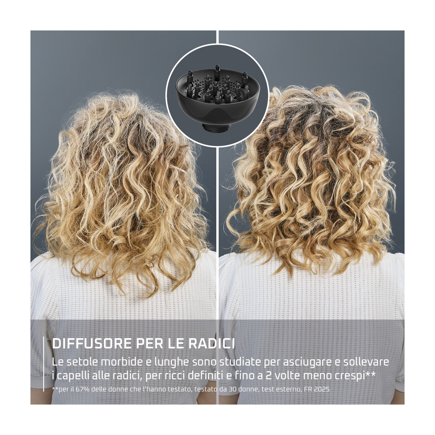 L'immagine mostra i capelli di due donne prima e dopo l'uso di un diffusore. Un diffusore nero è mostrato in alto. Il testo descrive i benefici del prodotto.