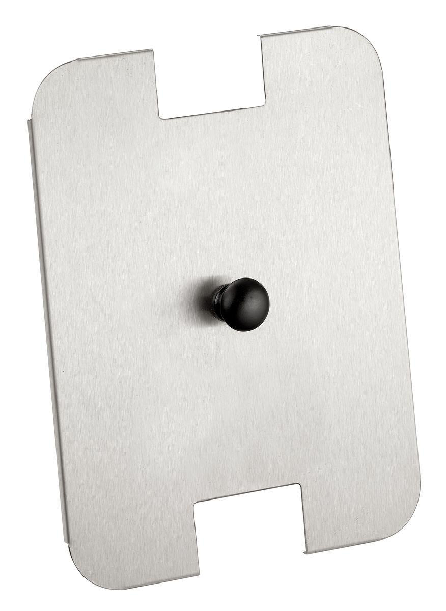 Ein Metalldeckel mit schwarzem Knopf. Er hat eine rechteckige Form mit Ausschnitten.