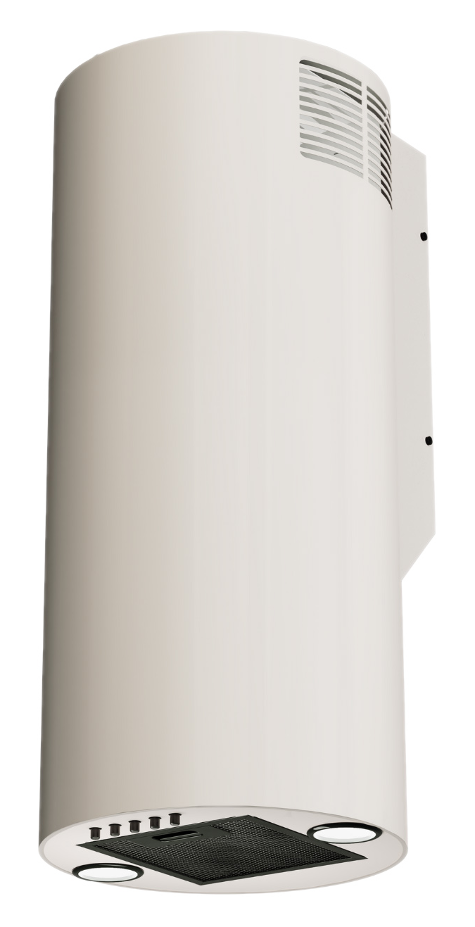 Biały, cylindryczny okap kuchenny. Ma czarny grill, światła i przyciski sterowania. Na górze znajdują się otwory wentylacyjne.