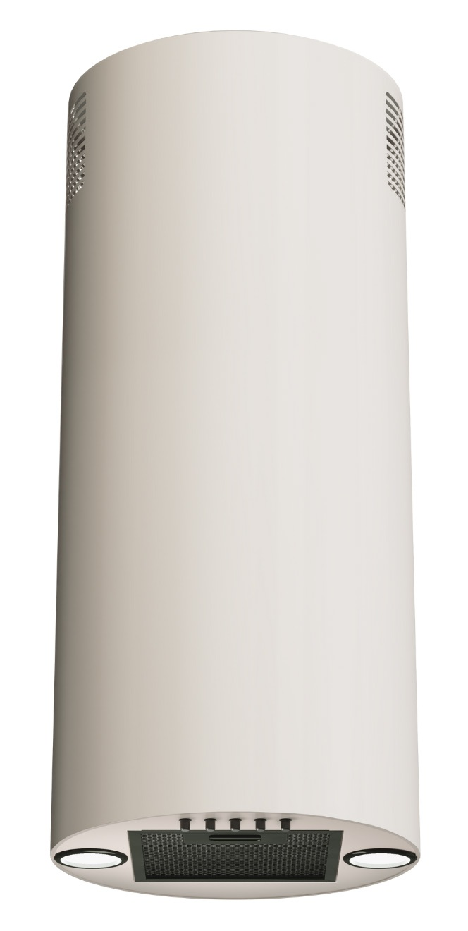 Biały cylindryczny okap kuchenny. Posiada kratki wentylacyjne u góry, na dole z oświetleniem i czarnym filtrem siatkowym.