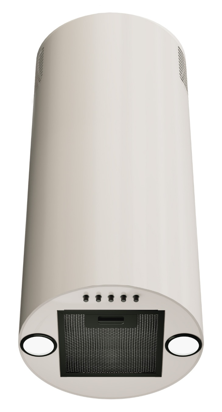 Cylindryczny okap kuchenny w kolorze złamanej bieli. Ma czarną kratkę, małe czarne guziki i dwa okrągłe światła.