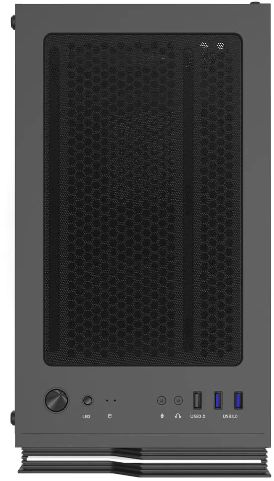 Egy sötétszürke számítógépház elölnézete. Hálós előlapja, bekapcsológombja és USB-portjai vannak.
