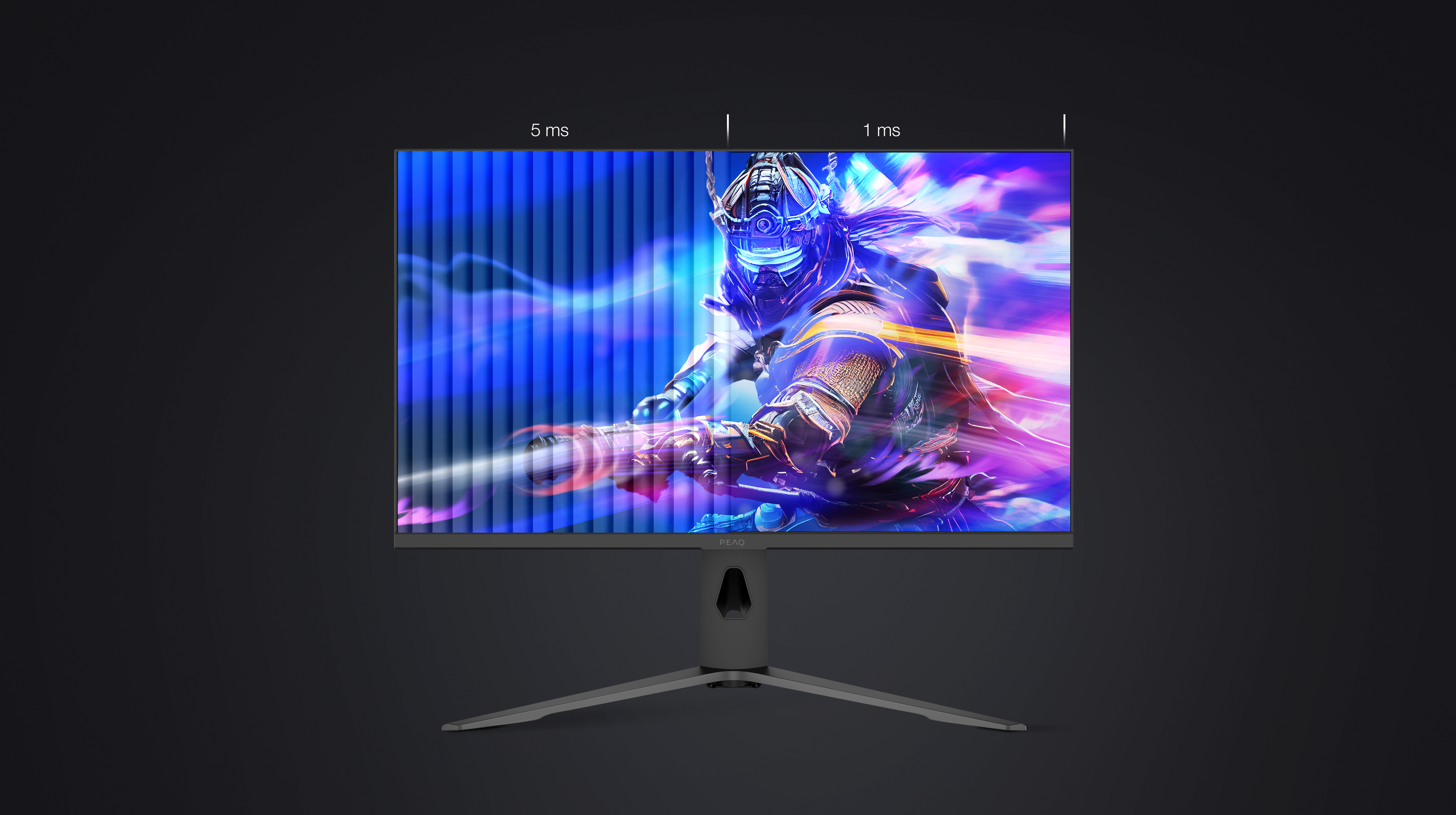 Ein Gaming-Monitor zeigt eine farbenfrohe Szene eines futuristischen Kriegers. Der Bildschirm zeigt einen Vergleich von 5ms und 1ms Reaktionszeiten.