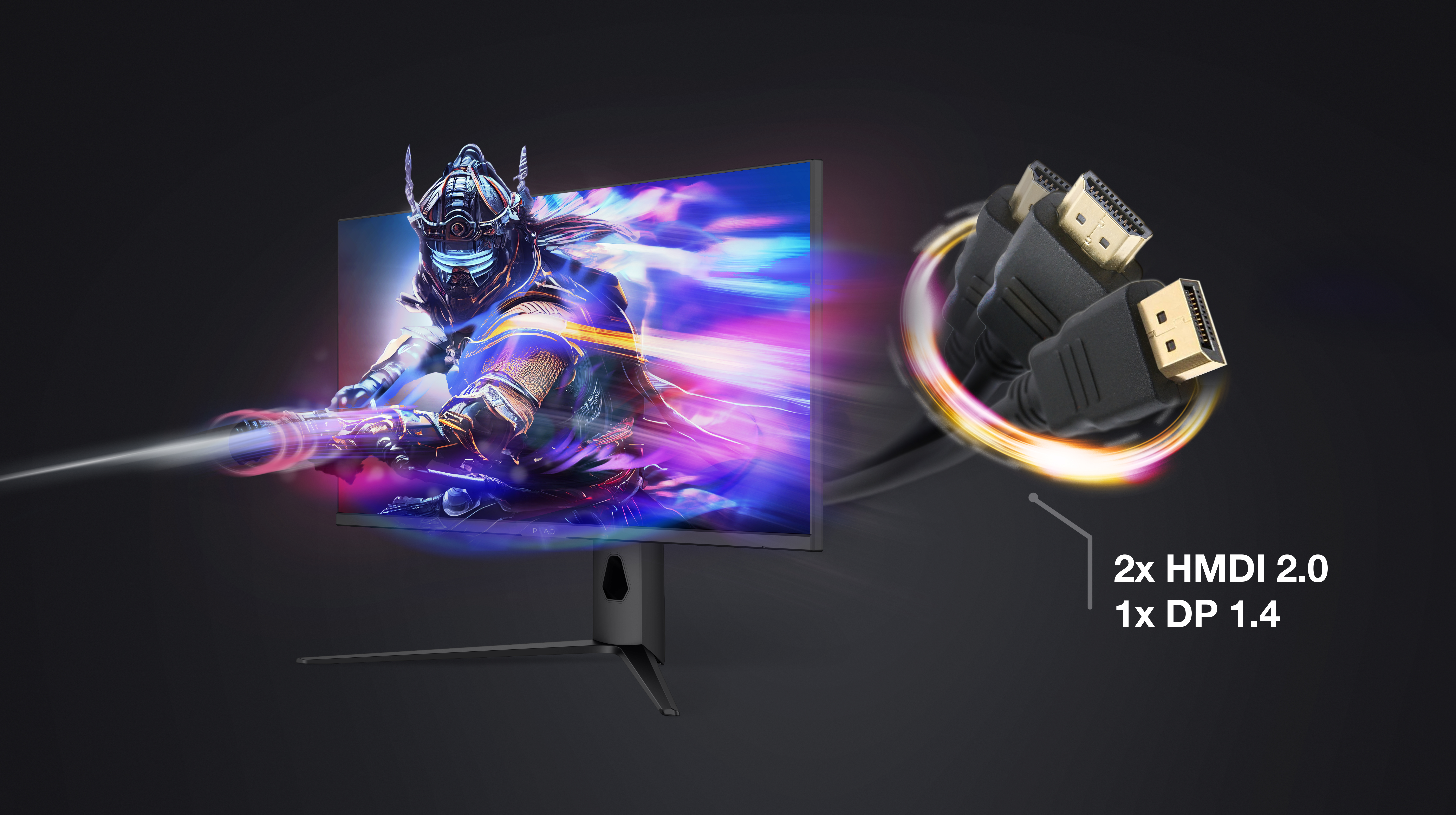 Monitor zeigt einen futuristischen Krieger. HDMI-Kabel sind abgebildet. Text zeigt 2x HDMI 2.0 und 1x DP 1.4.