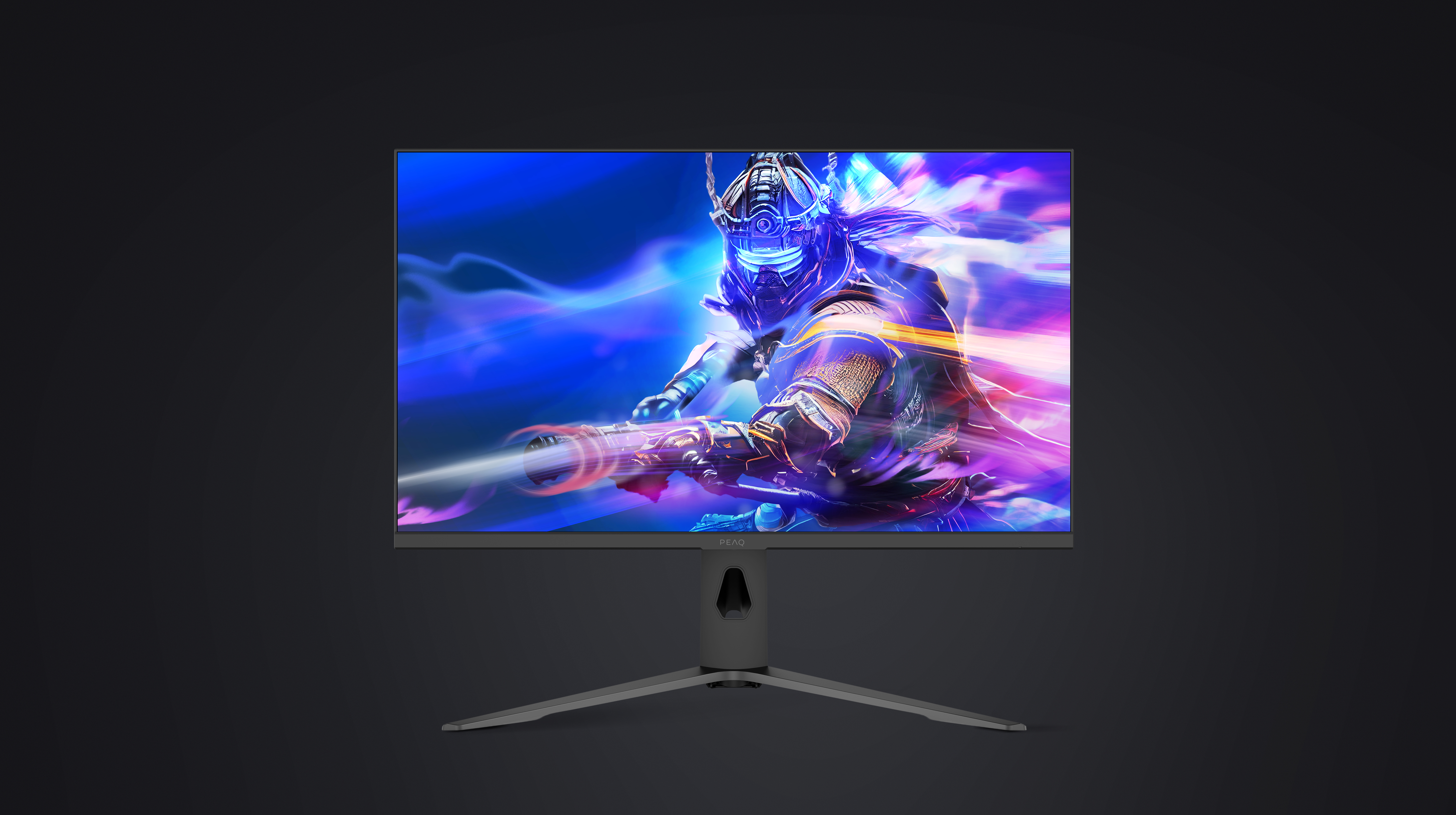 Ein Gaming-Monitor zeigt eine farbenfrohe Szene. Er hat einen dunklen Ständer und steht vor einem schwarzen Hintergrund.