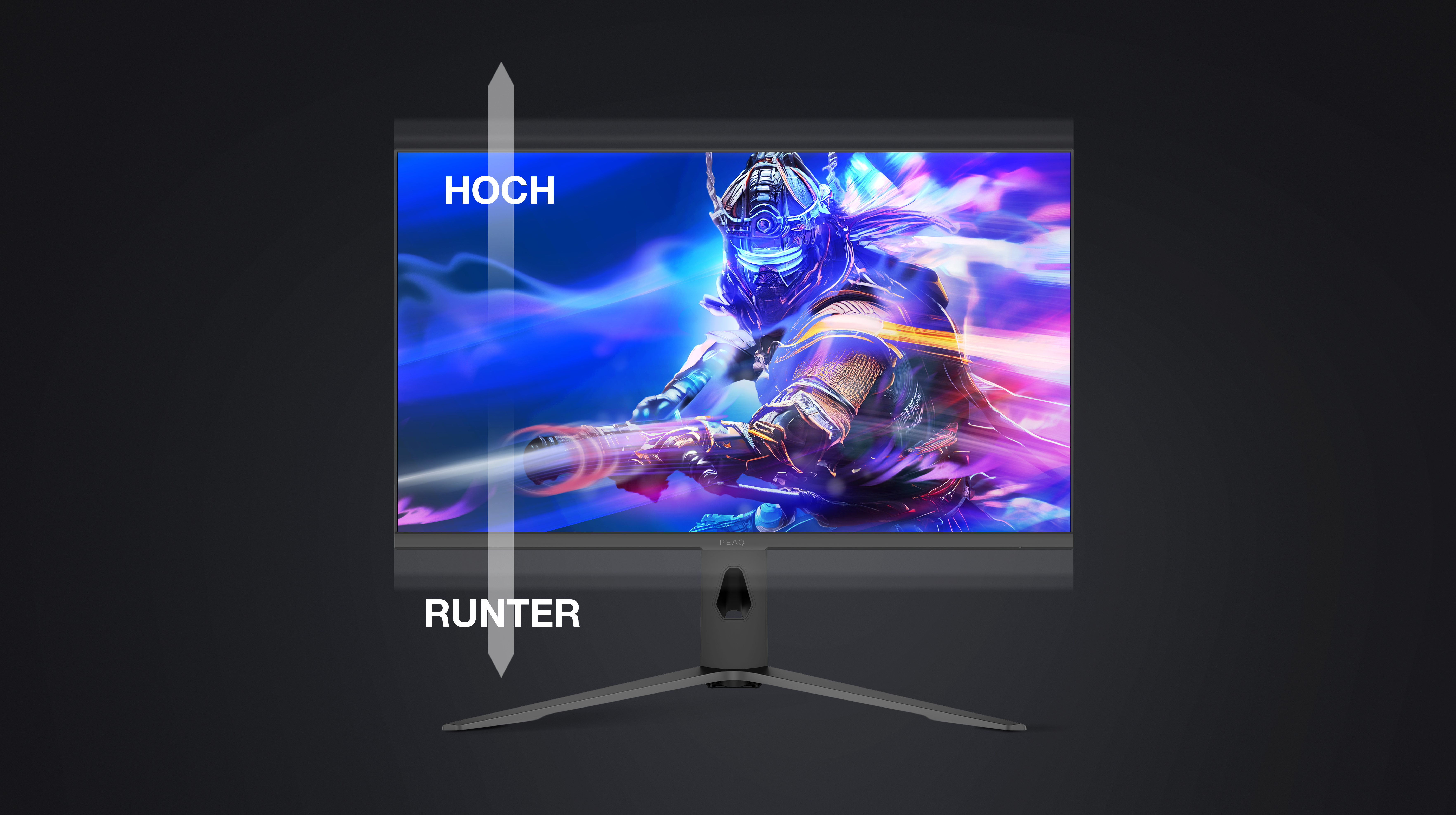 Ein Monitor, der ein farbenfrohes Actionspiel anzeigt. Der Monitor steht vor schwarzem Hintergrund. Die Wörter 'HOCH' und 'RUNTER' sind sichtbar.