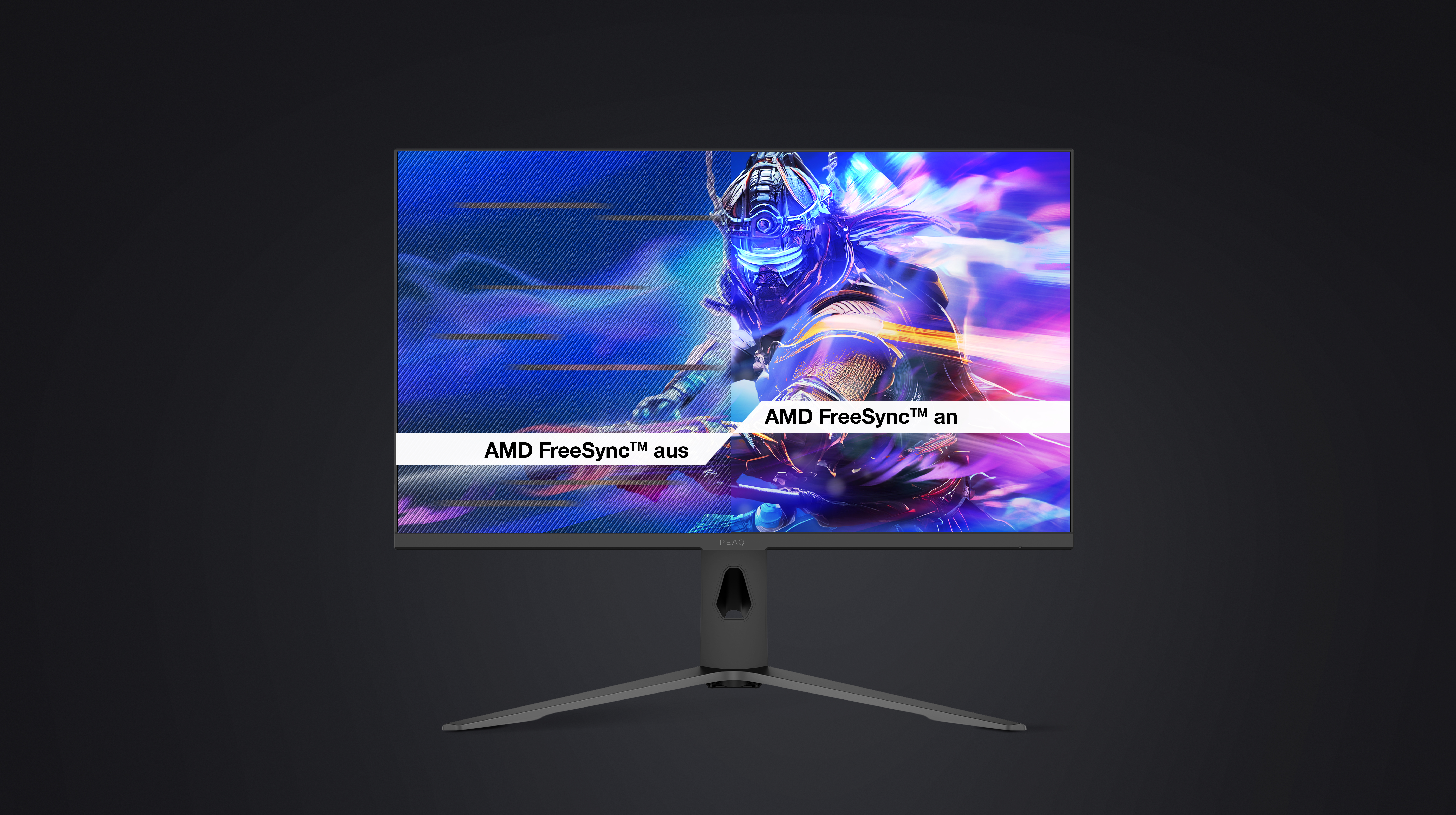 Ein Computermonitor zeigt eine farbenfrohe Szene. Text sagt 'AMD FreeSync an' und 'AMD FreeSync aus'. Der Monitor steht auf einem Ständer.