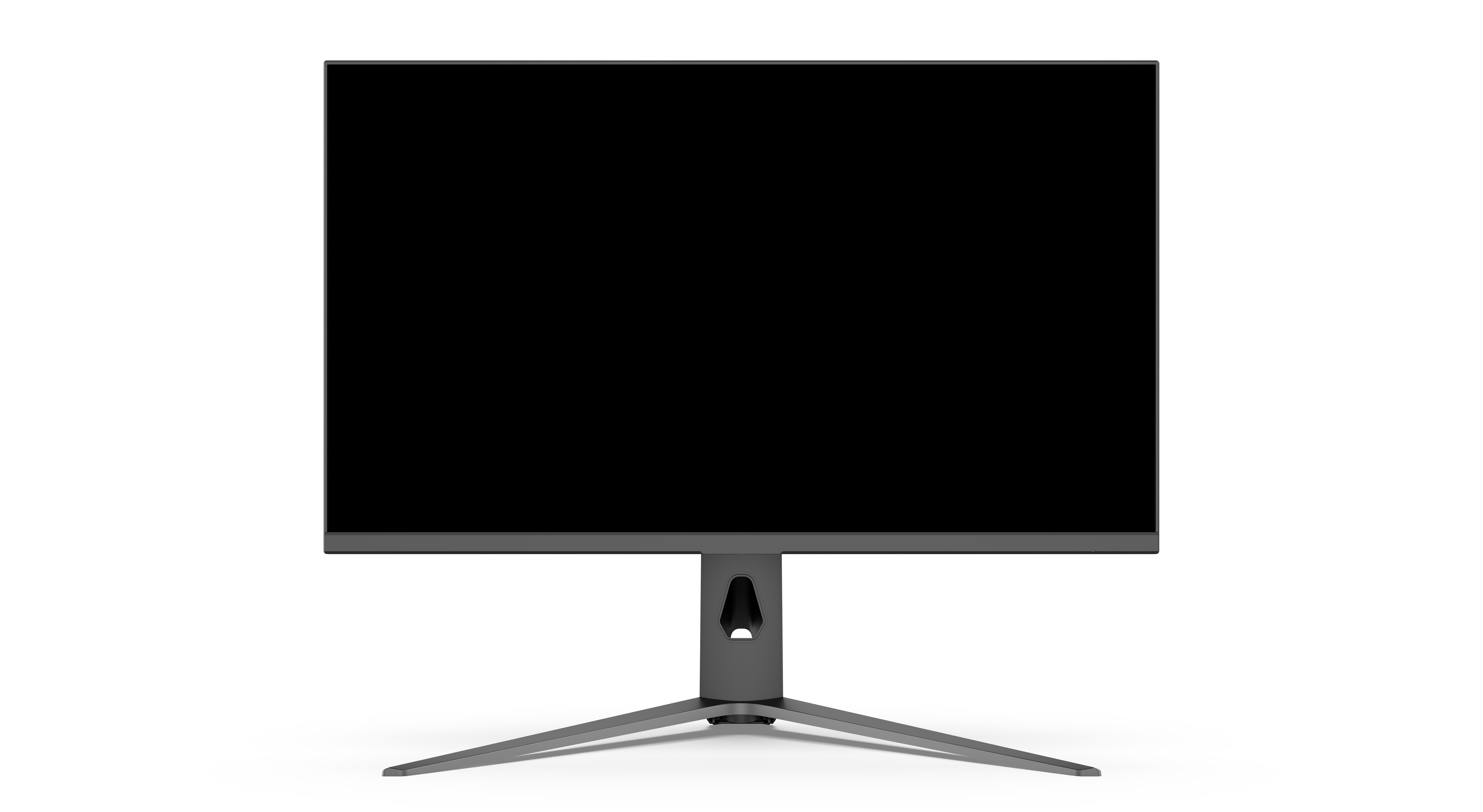 Ein Computermonitor mit schwarzem Bildschirm und grauem Ständer auf weißem Hintergrund. Der Ständer hat drei Beine.