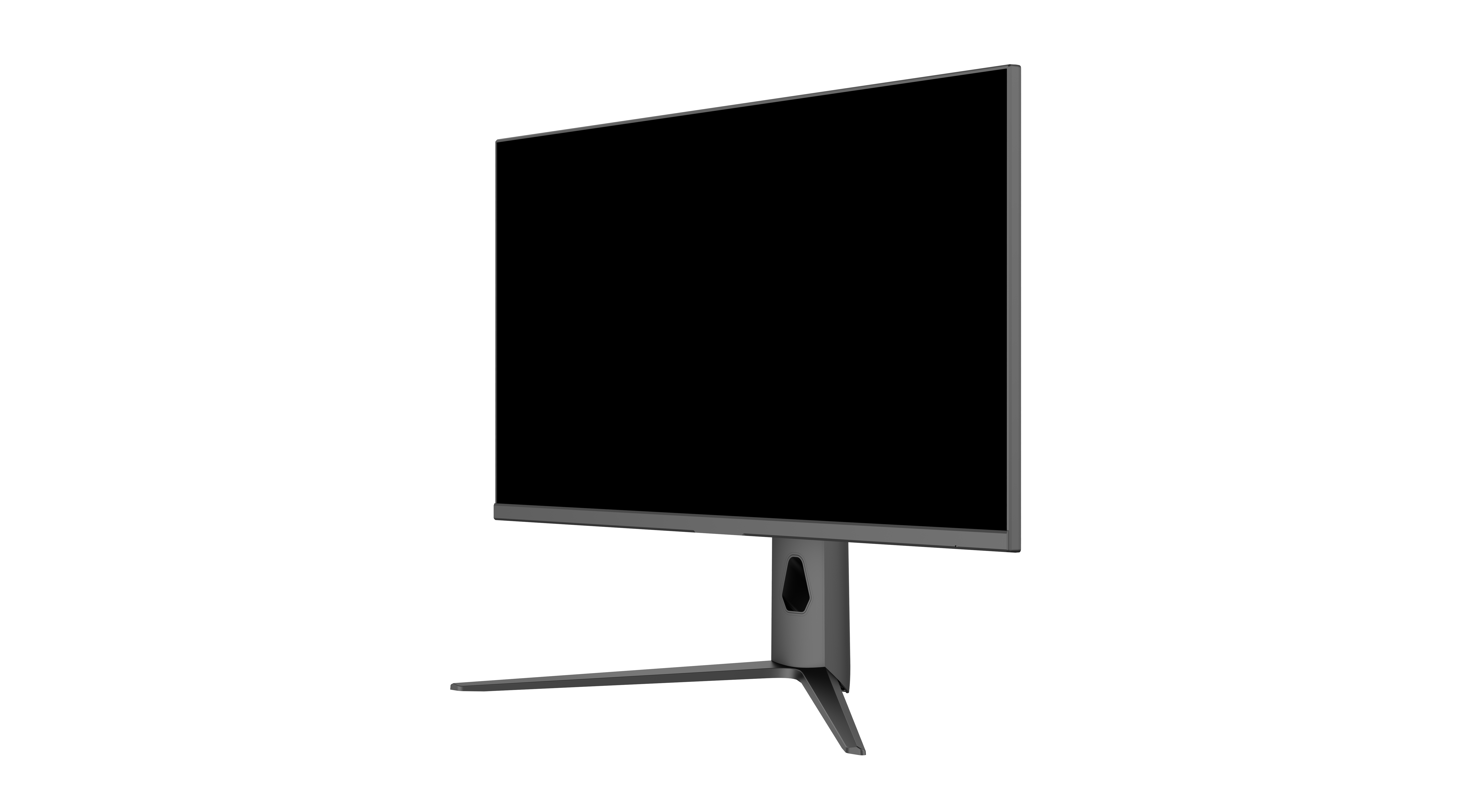 Ein grauer Computermonitor auf schwarzem Hintergrund, seitlich abgewinkelt. Der Bildschirm ist schwarz. Der Ständer ist grau.