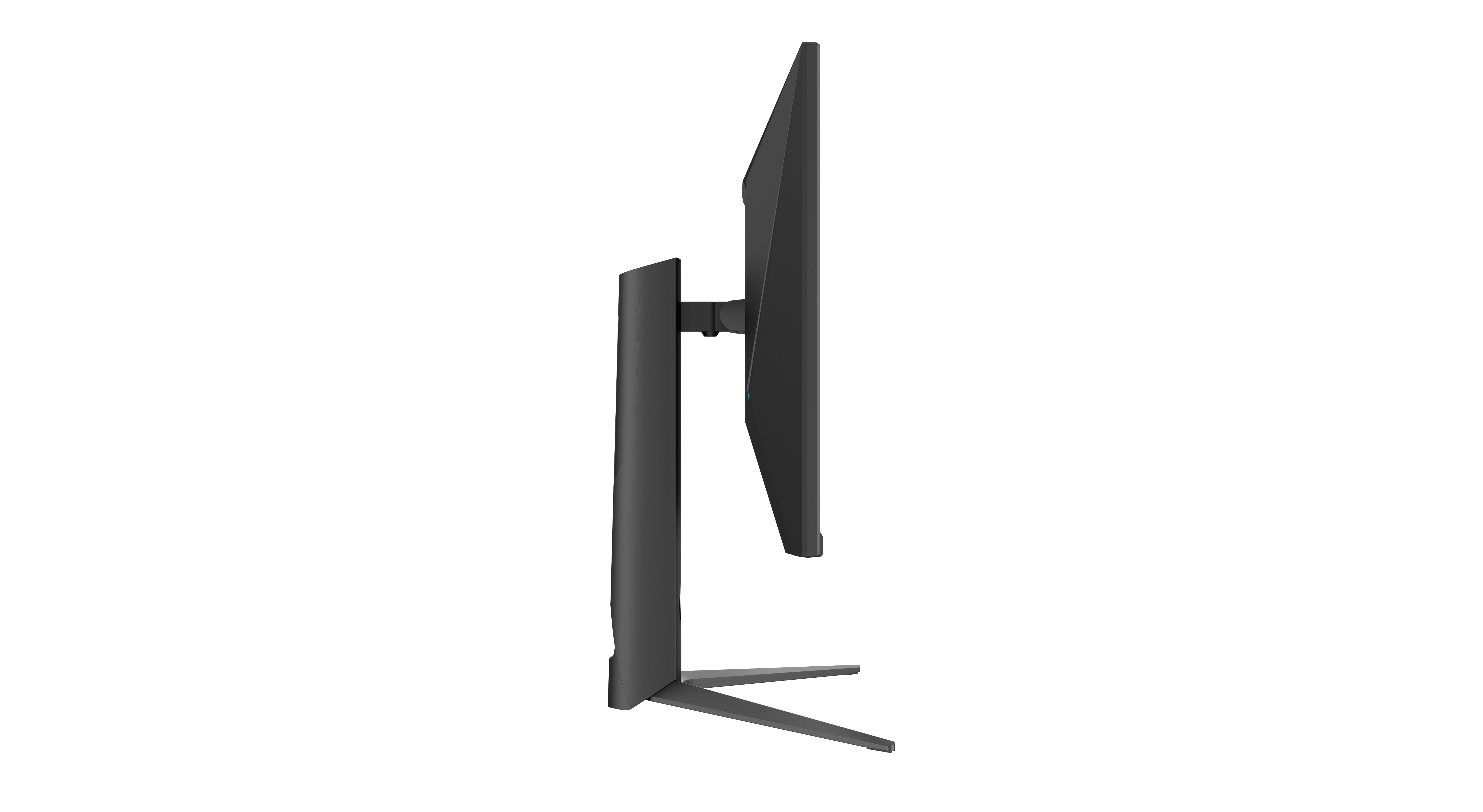Seitenansicht eines schwarzen Computermonitors. Es hat einen dünnen Rahmen und Ständer, vor schwarzem Hintergrund.