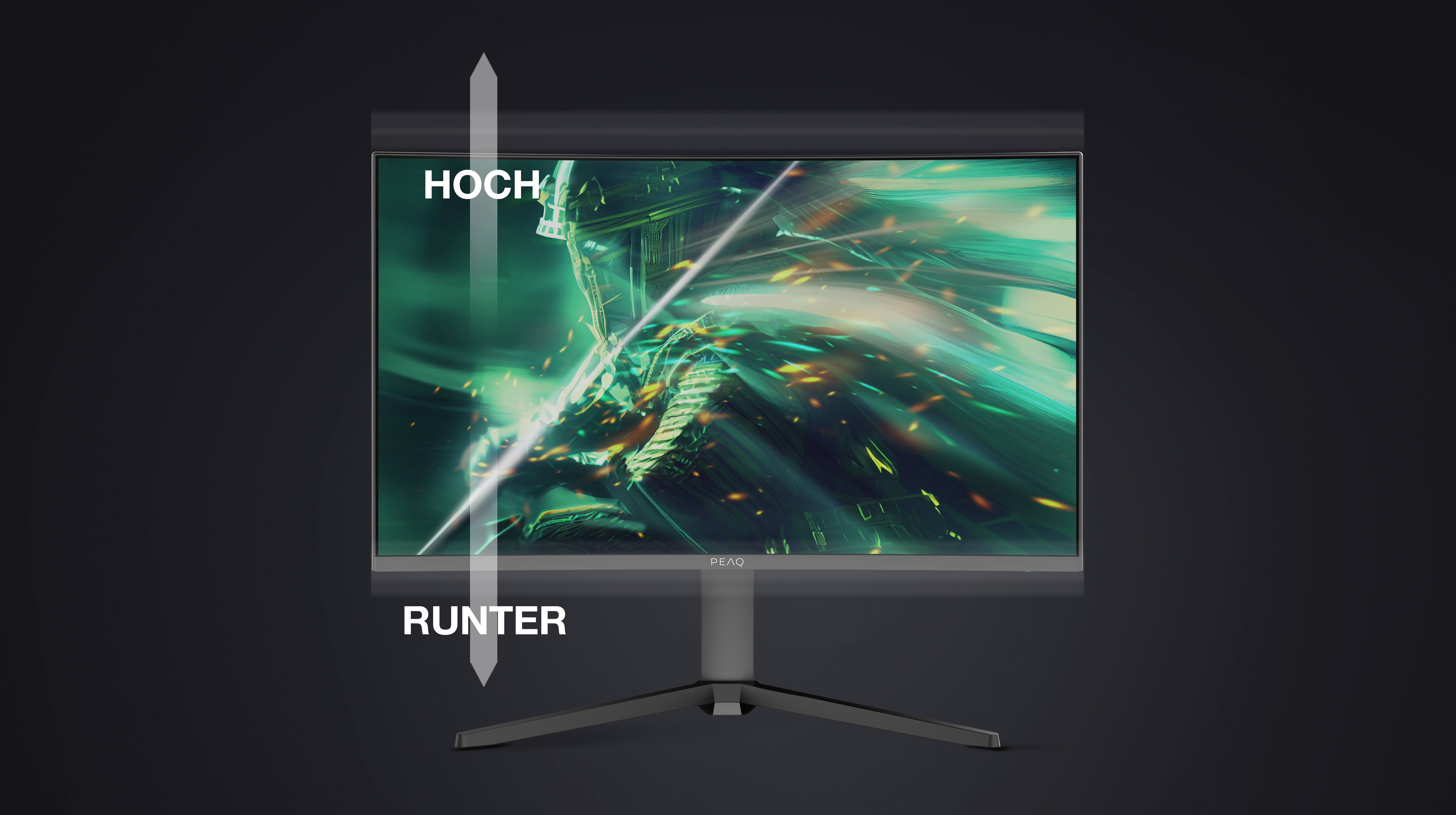 Ein Monitor zeigt ein lebendiges, grün getöntes Bild. Pfeile mit den Texten 'HOCH' und 'RUNTER' zeigen vertikal.