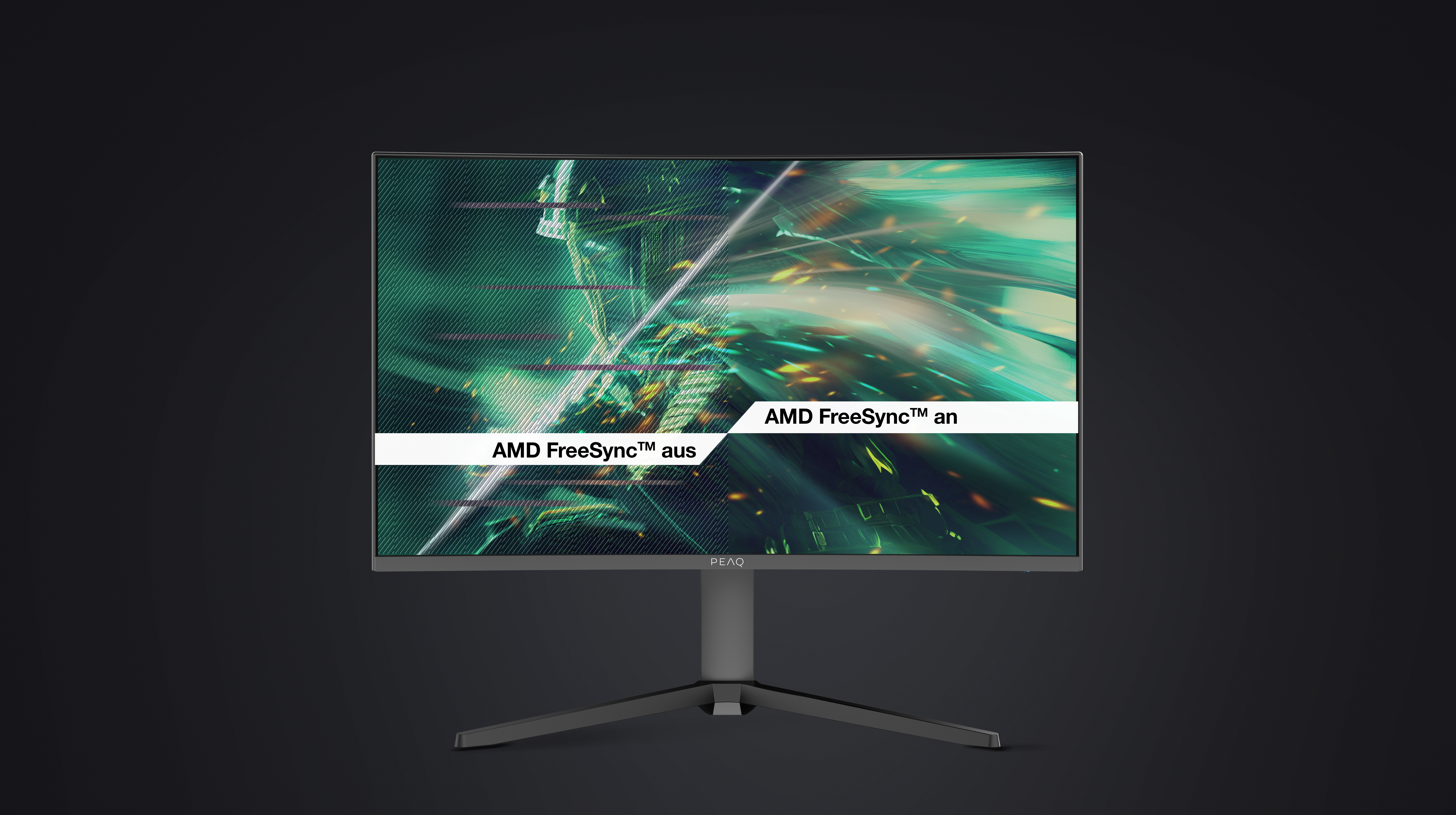 Monitor zeigt grüne und gelbe Grafik mit AMD FreeSync-Text. Der Monitor steht vor dunklem Hintergrund auf einem Ständer.