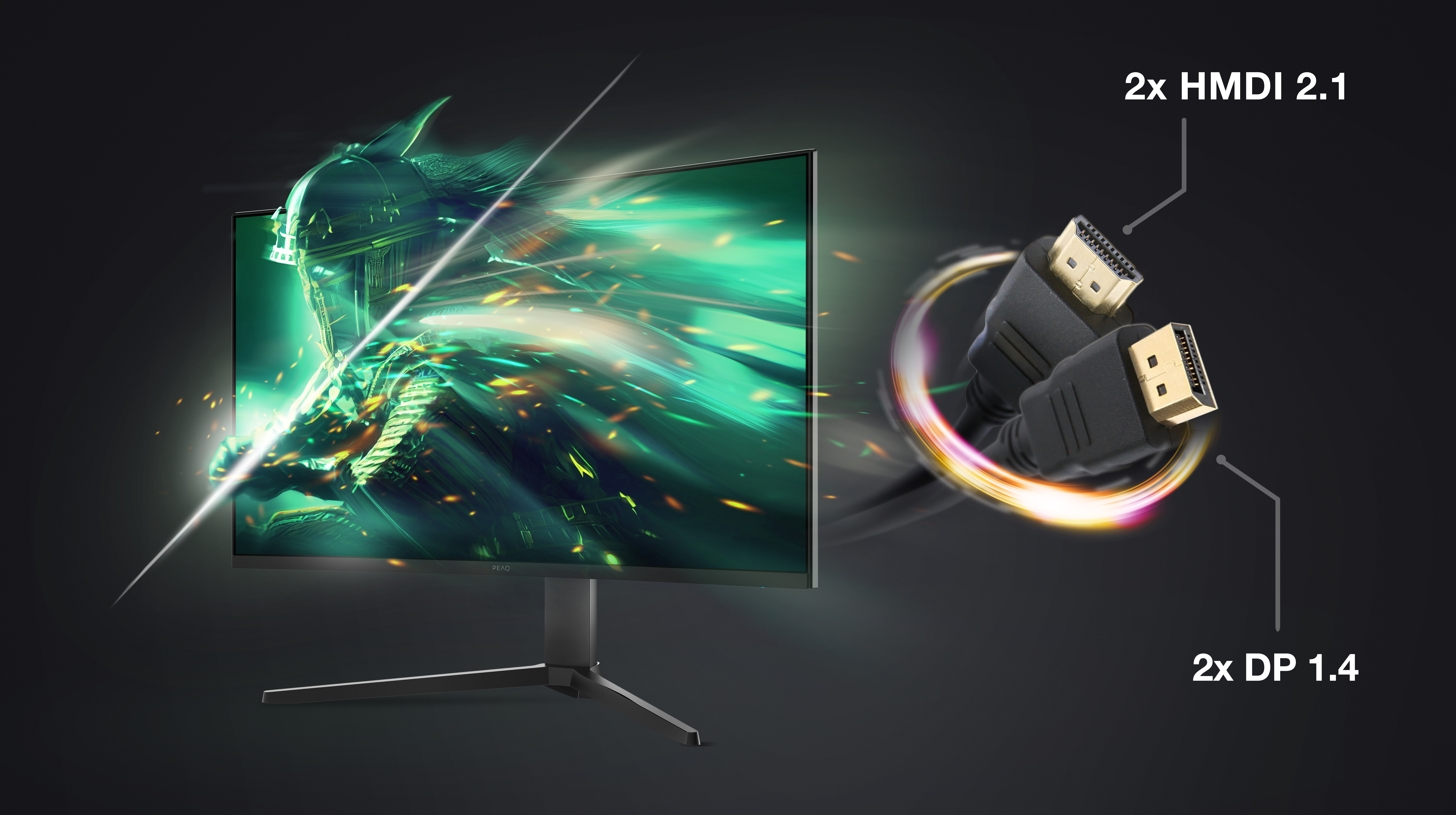 Bir monitör yeşil bir savaşçı grafiği gösteriyor. Sağda 2x HDMI 2.1 ve 2x DP 1.4 konnektörlü kablolar gösteriliyor.