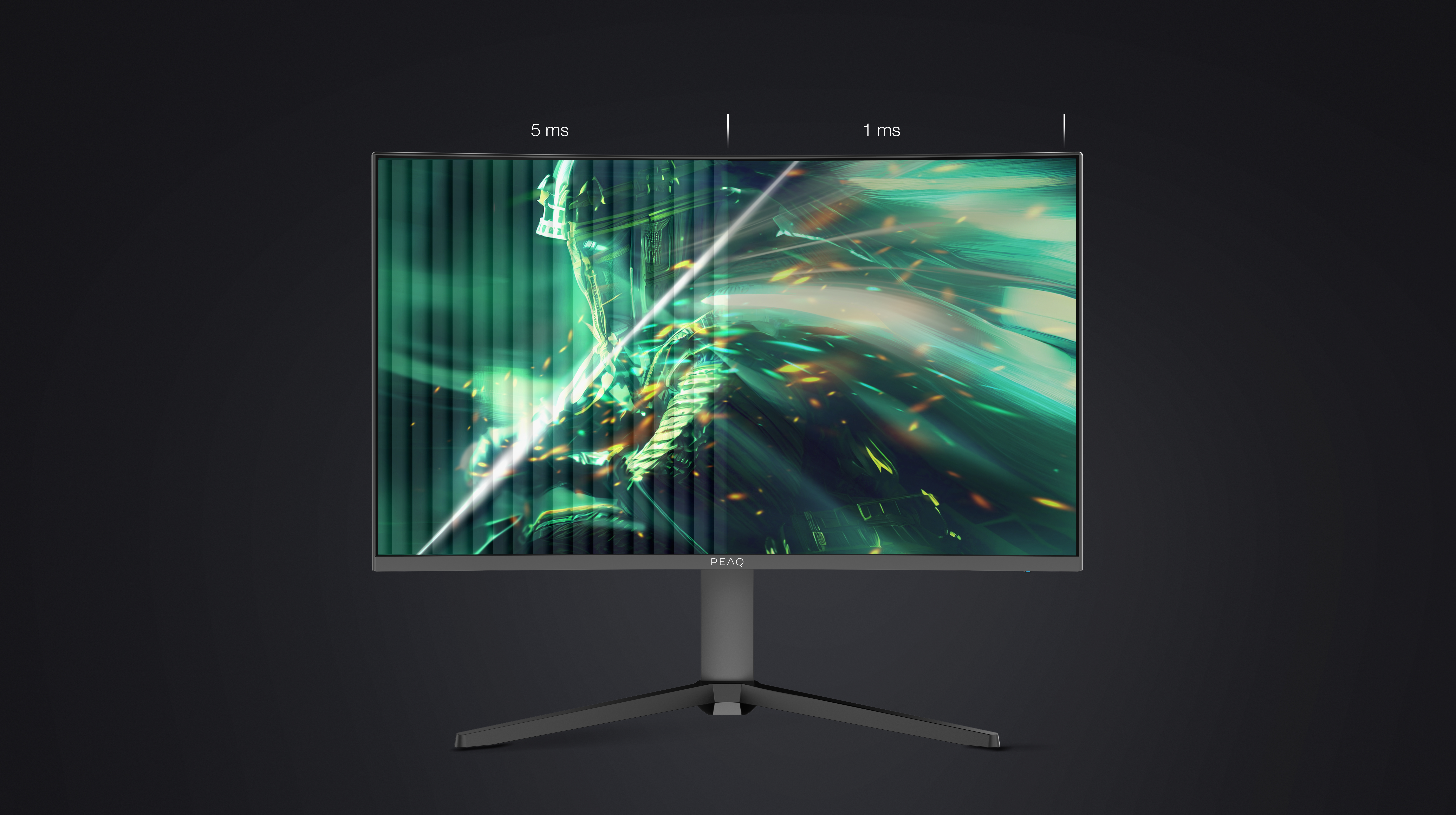 Kavisli ekranlı monitör yeşil ve sarı grafik görüntüler. Metin 5ms ve 1ms tepki sürelerini vurgular. PEAQ logosu görünür.