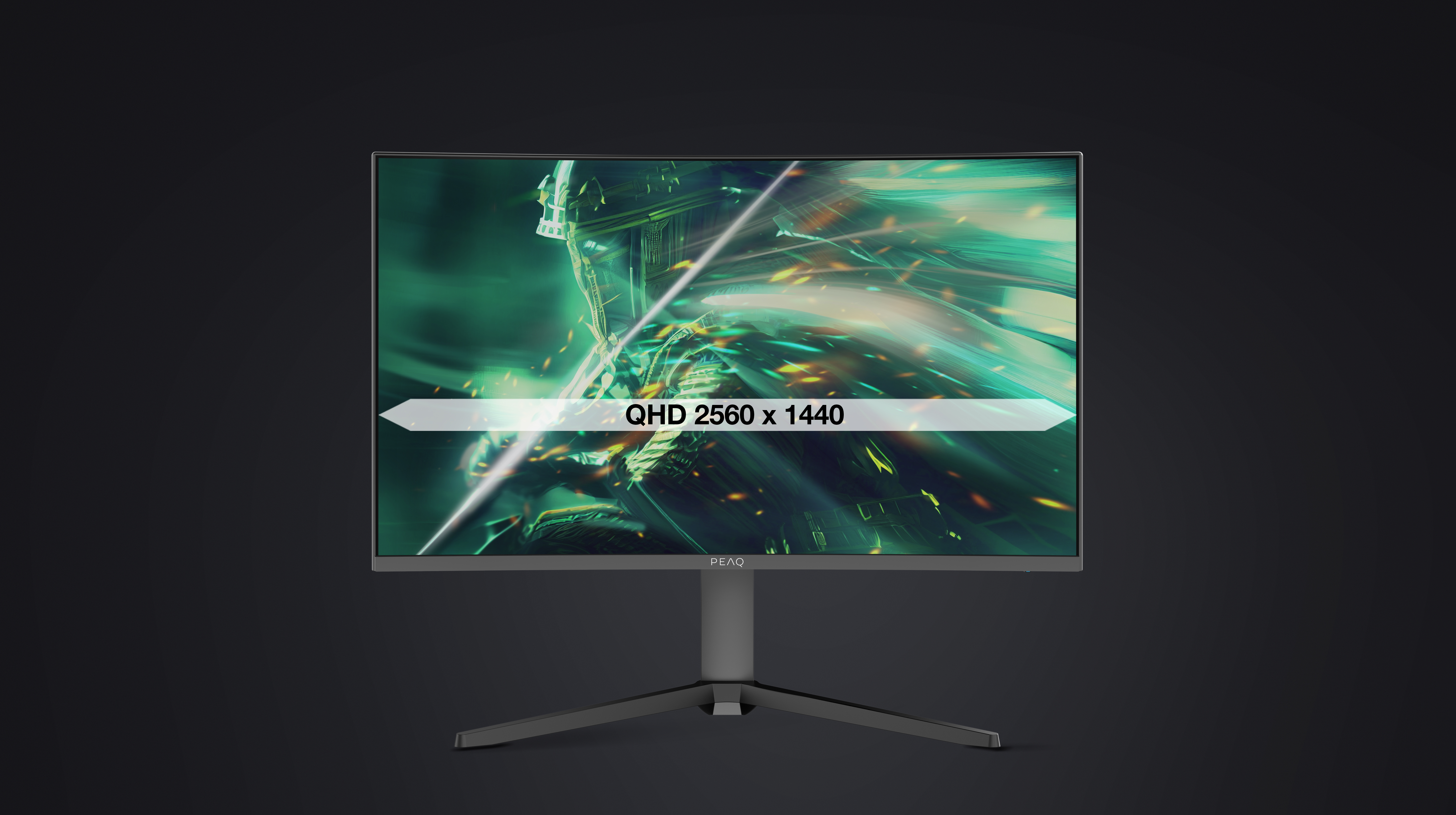 Kavisli bir monitör, yeşil soyut bir görüntü ve QHD 2560 x 1440 çözünürlüğünü belirten beyaz metin görüntülüyor. Stand gri.