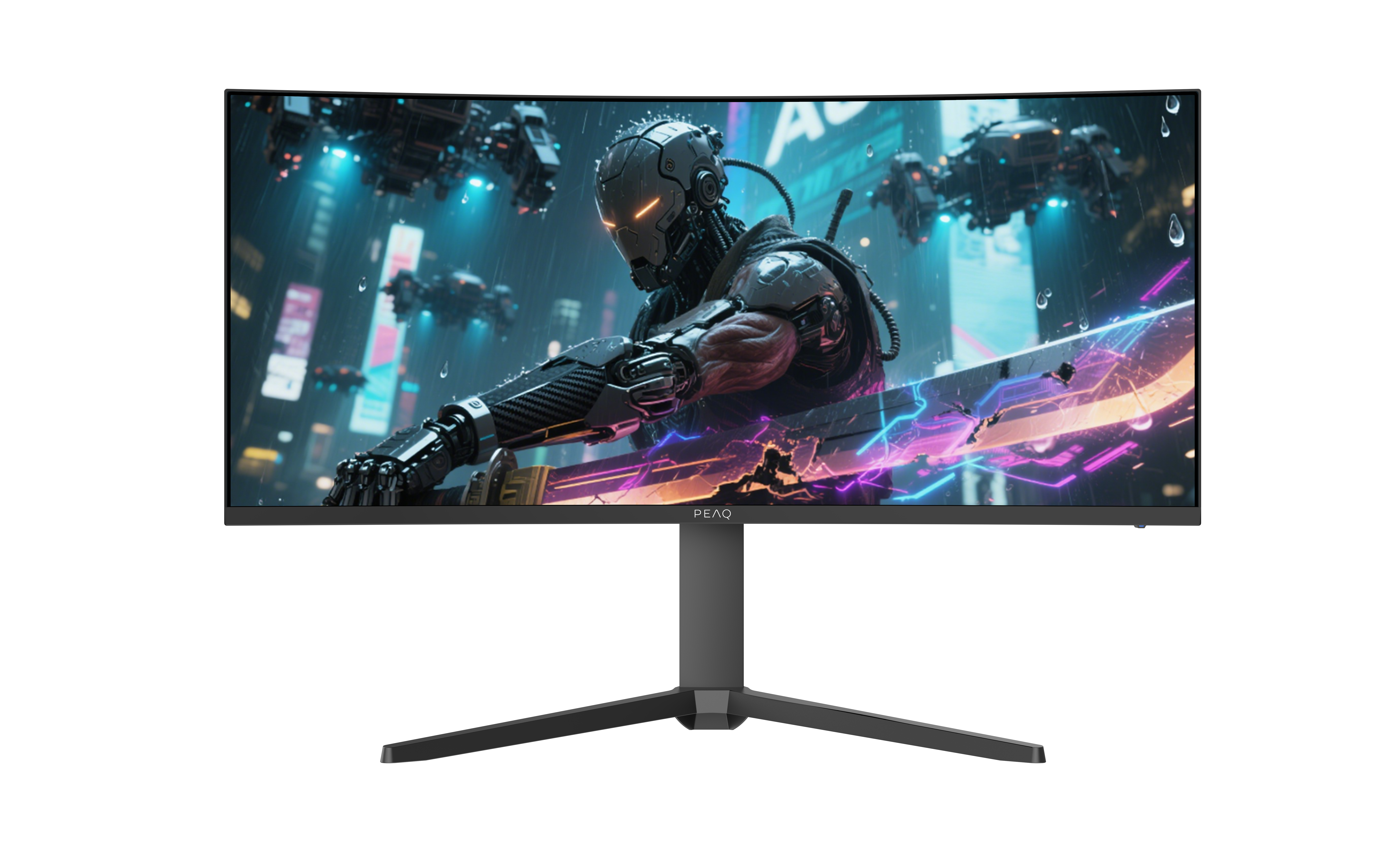 Monitor zeigt eine Cyberpunk-Szene mit Cyborg, fliegenden Fahrzeugen und Neonlichtern. Der Monitor steht auf einem schwarzen Ständer.
