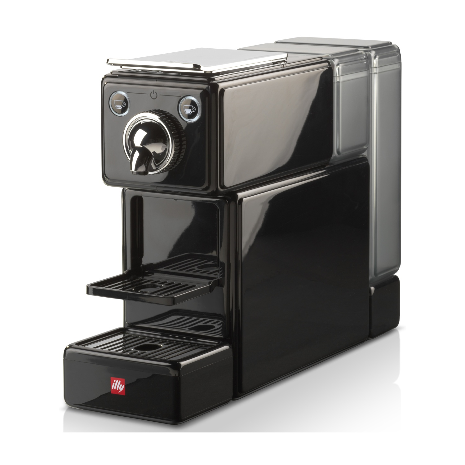 Una macchina da caffè espresso Illy nera. Ha un beccuccio cromato, icone di tazza e un serbatoio dell'acqua. Il logo Illy è sul davanti.
