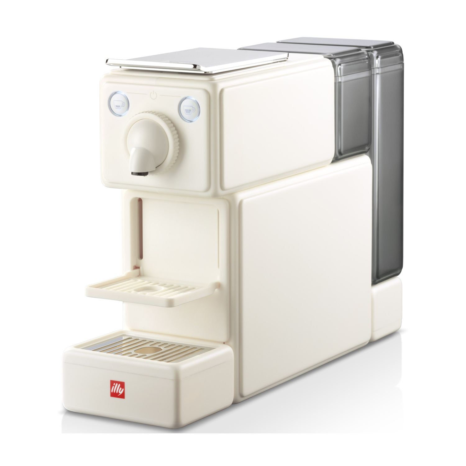 Una macchina da caffè illy bianca e grigia. Ha un serbatoio dell'acqua e un vassoio per le tazze. La macchina ha una manopola e due pulsanti.