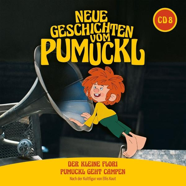 Pumuckl-Cartoon-Figur, die sich an eine große Hupe lehnt. Titel lautet 'Neue Geschichten vom Pumuckl'. CD8 in der Ecke.