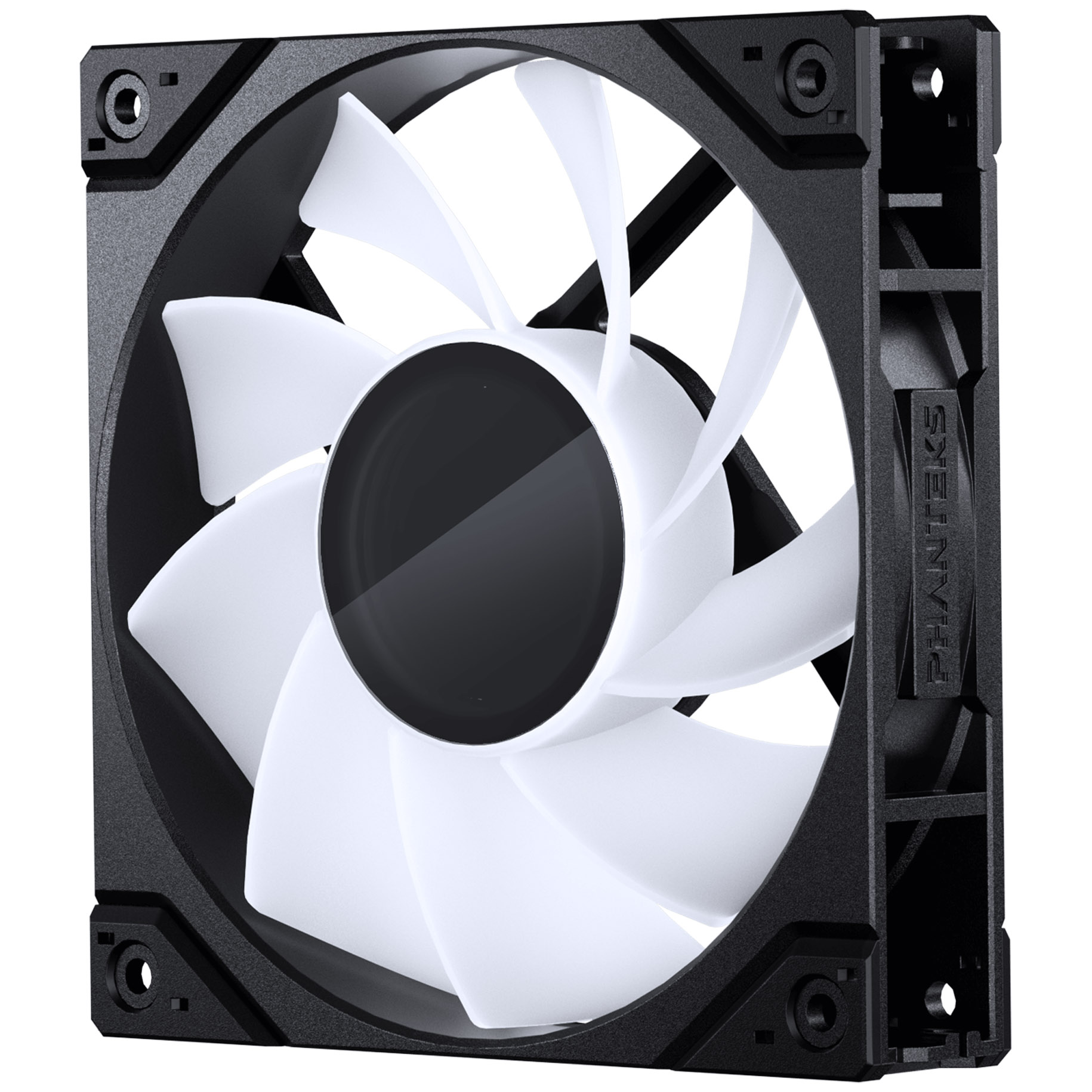 Ein Computerlüfter mit weißen Flügeln und einem schwarzen Rahmen. Die Mitte ist schwarz, und das Phanteks-Logo ist sichtbar.