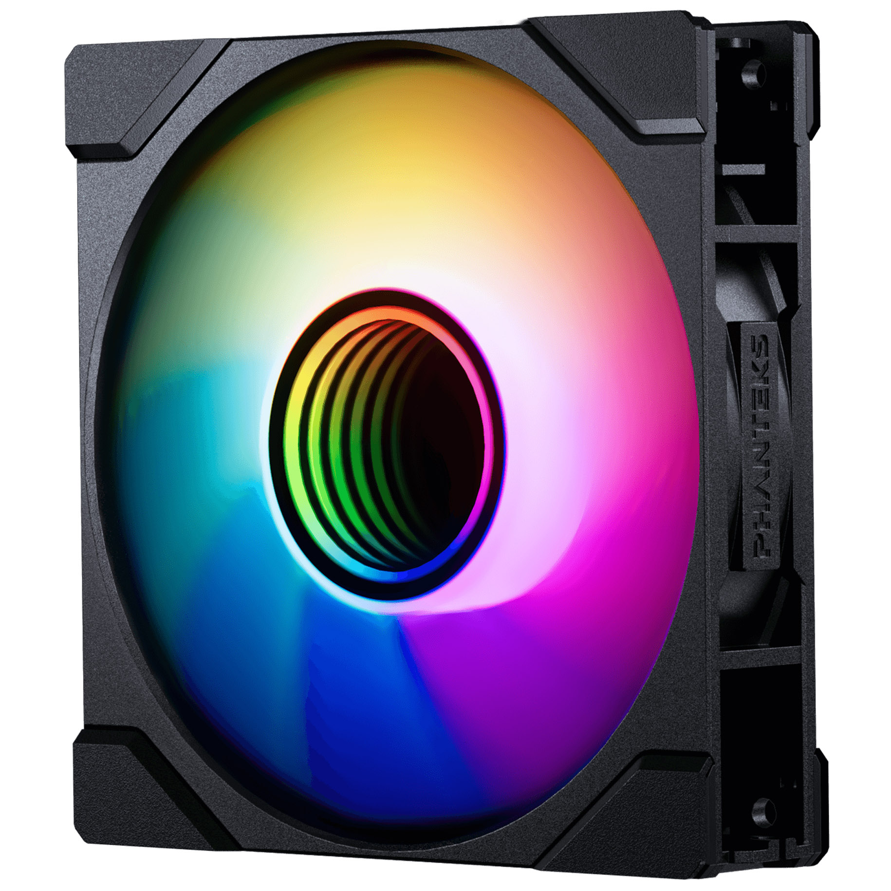 Ein schwarzer Computerlüfter mit farbigen Flügeln. Der Lüfter hat einen schwarzen Rahmen und einen Regenbogenfarbverlauf in der Mitte.