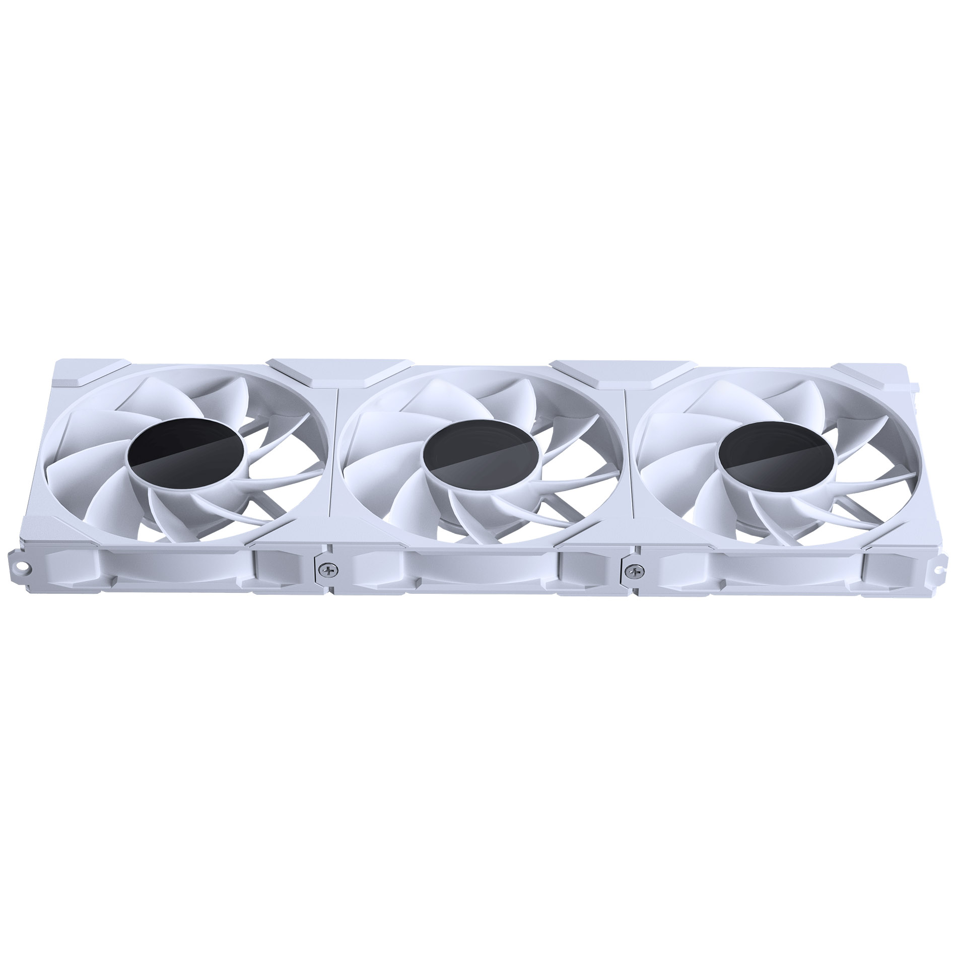 Drei weiße Computerventilatoren sind horizontal angeordnet. Jeder Ventilator hat weiße Flügel und eine schwarze Mitte auf weißem Hintergrund.