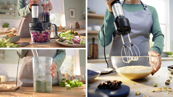 Bir kişi yemek hazırlamak için bir blender, mikser ve mutfak robotu kullanır. Masada sebzeler ve malzemeler.