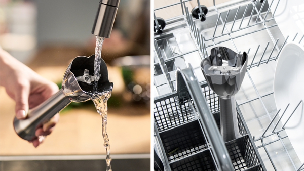 Bir blender solda bir musluğun altında durulanıyor. Sağda, blender bulaşık makinesi sepetinde, bulaşıklarla birlikte.