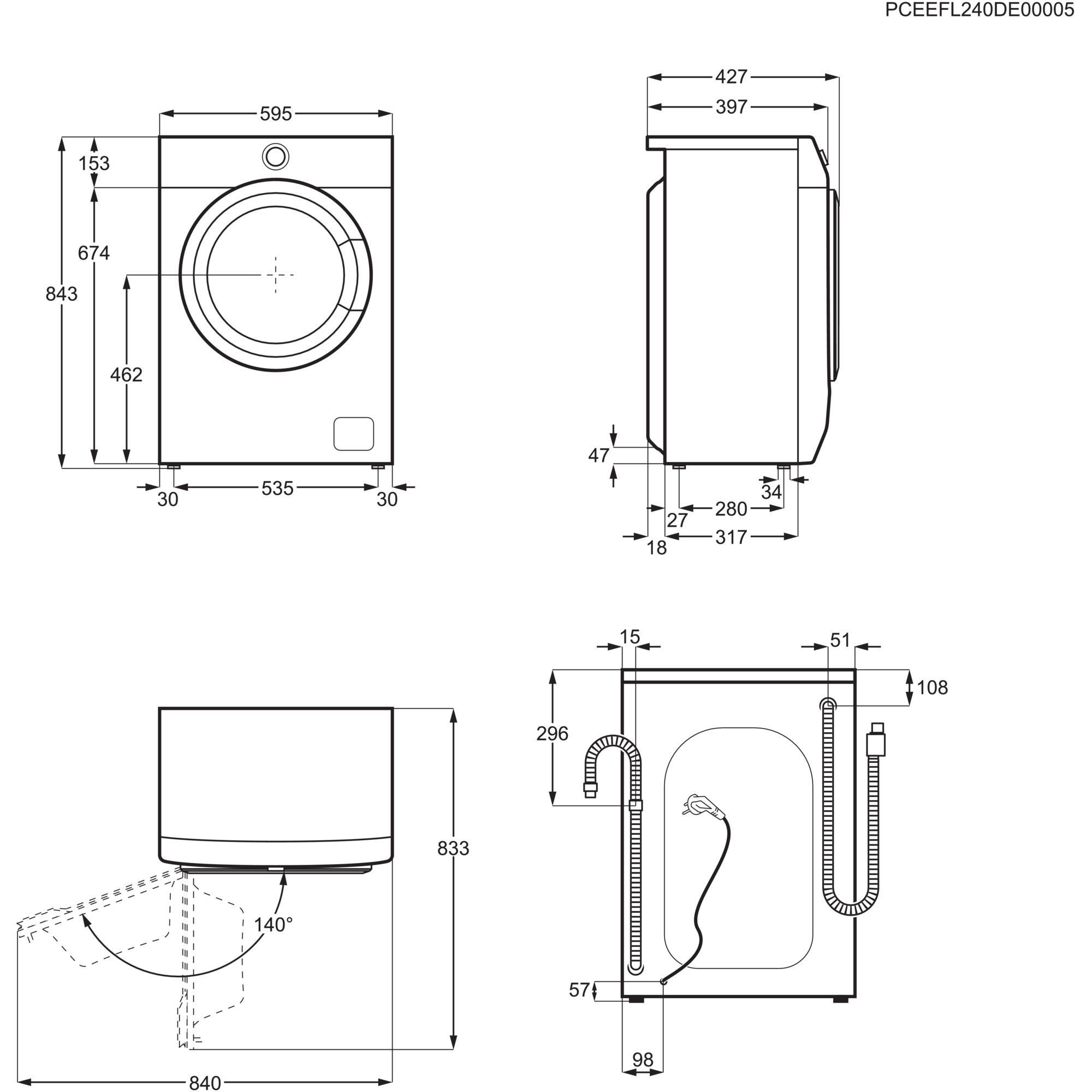 Diagramm einer Waschmaschine mit Maßen. Enthält Vorder-, Seiten- und Rückansichten mit Messungen.