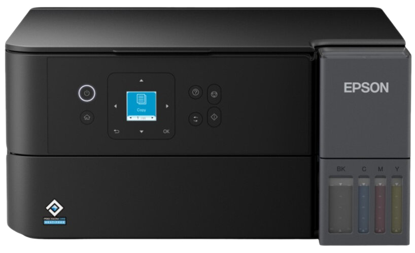 Czarna drukarka Epson z wyświetlaczem i pojemnikami na tusz. Widoczny przycisk zasilania i panel sterowania. Drukarka ma logo PrecisionCore.