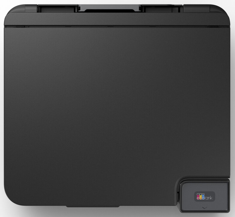 Widok z góry na czarną drukarkę. Ma płaską powierzchnię. Prawy róg ma mały panel z kolorowymi ikonami i słowem 'ecotank'.