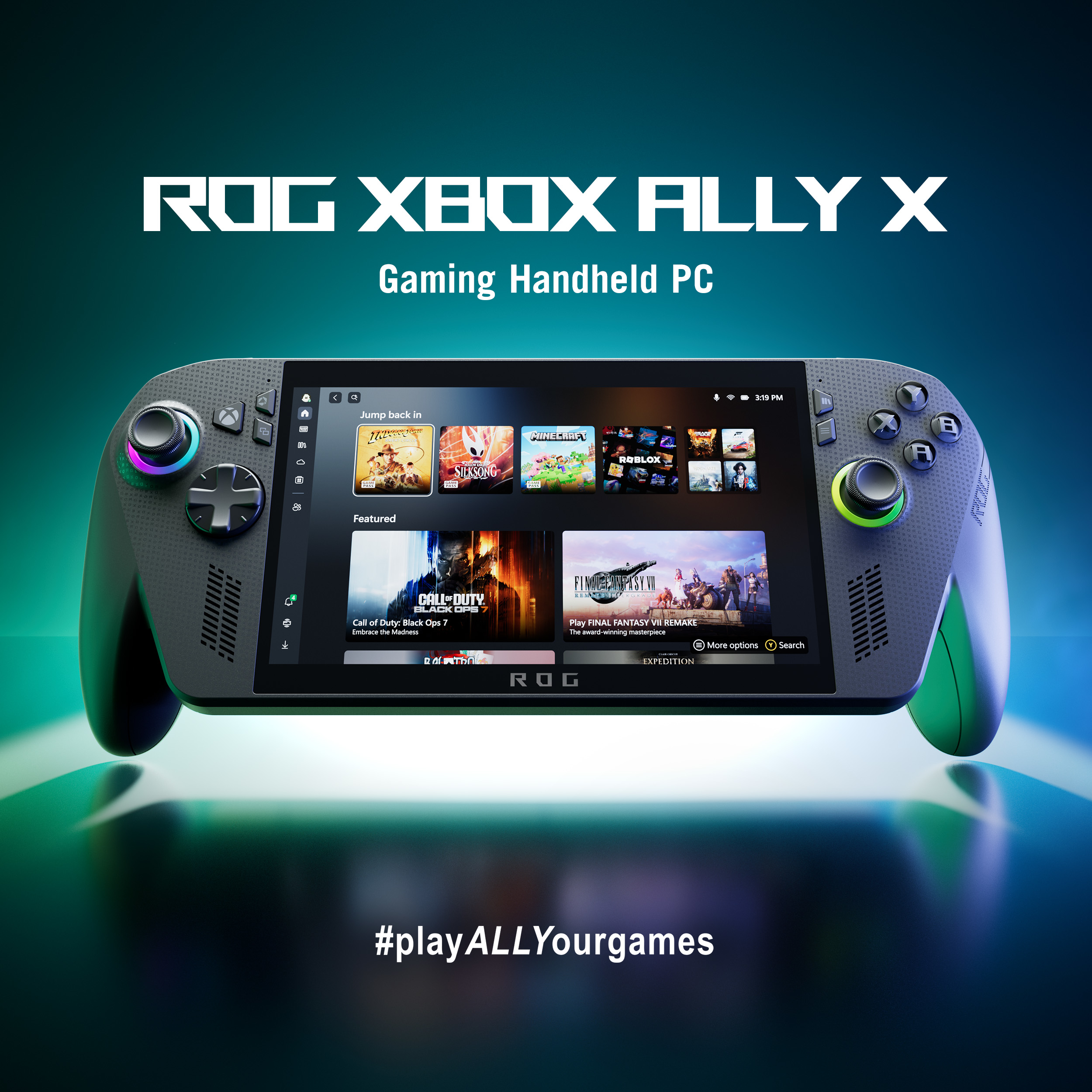 Ein tragbarer Gaming-PC, ROG Ally X, zeigt vorgestellte Spiele an. Text: ROG XBOX ALLY X, #playALLYourgames.