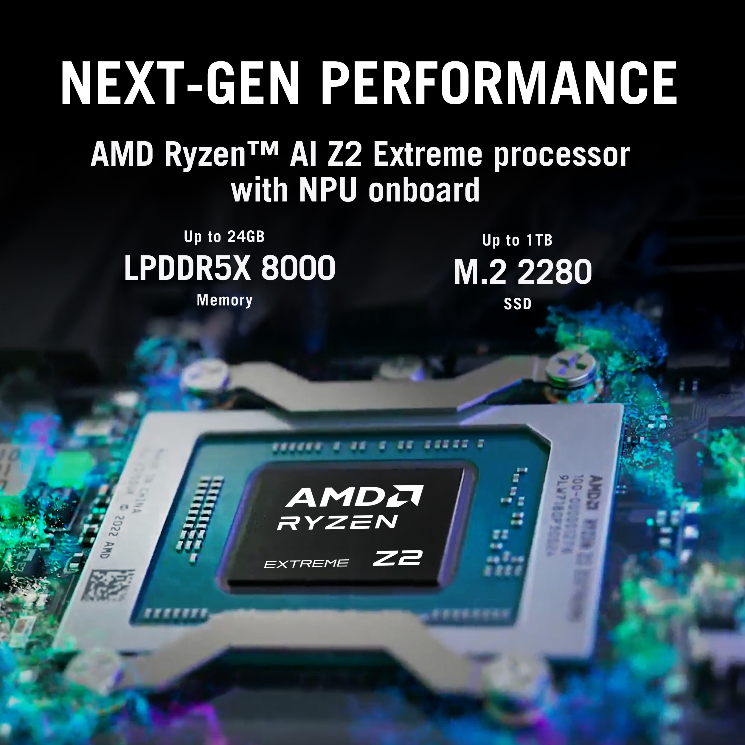Das Bild zeigt eine CPU mit dem AMD Ryzen Z2 Extreme Prozessor. Zu den Spezifikationen gehören Speicher und SSD-Kapazität.