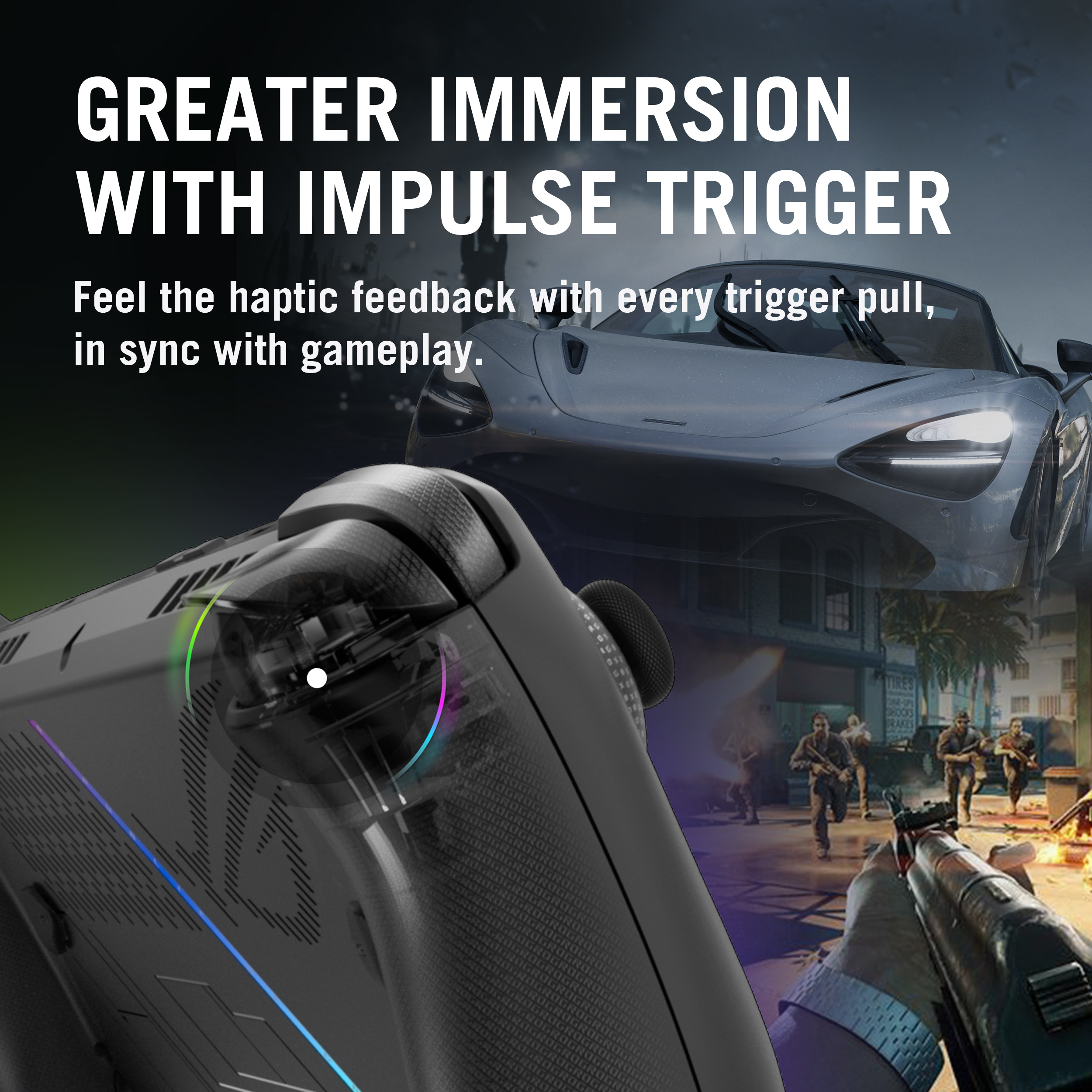 Das Bild zeigt einen Gamecontroller mit einem Auto und einem Spielszenen-Hintergrund. Der Text lautet 'Greater Immersion'.