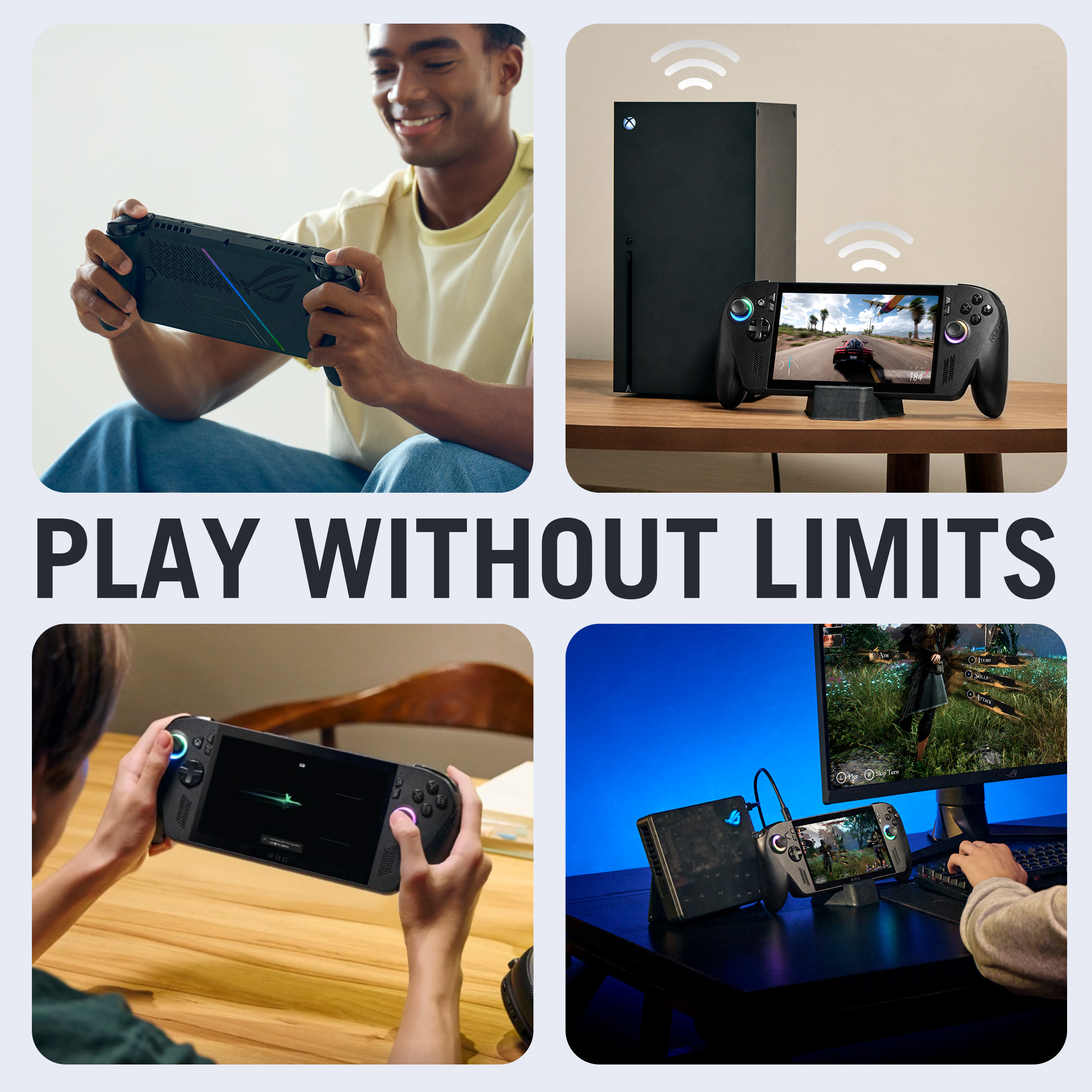 Vier Bilder zeigen ein Handheld-Spielgerät in Gebrauch. Personen spielen Spiele darauf und sind mit einem Monitor verbunden.