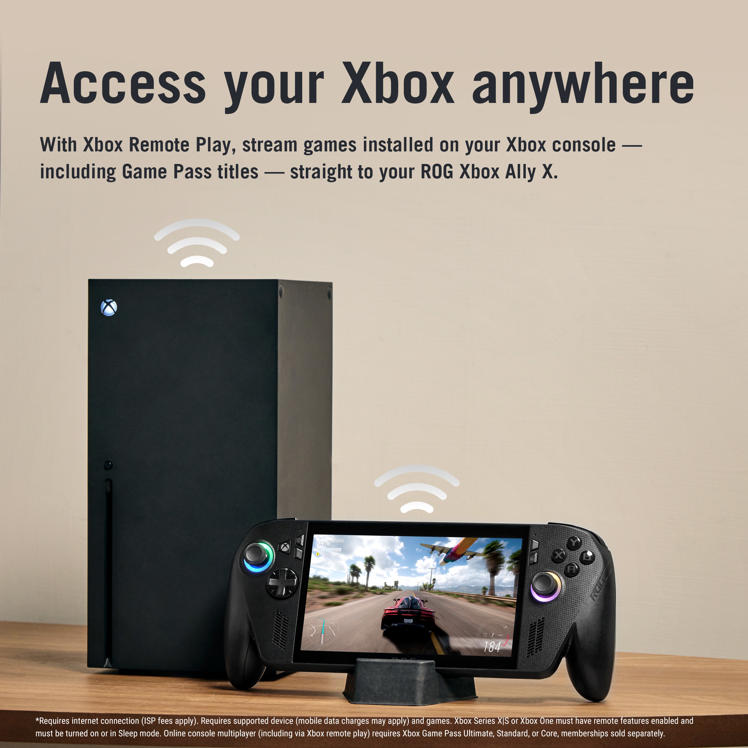 Eine Xbox-Konsole und ein tragbares Spielgerät, das ein Spiel auf dem Bildschirm zeigt, mit einem WLAN-Symbol.