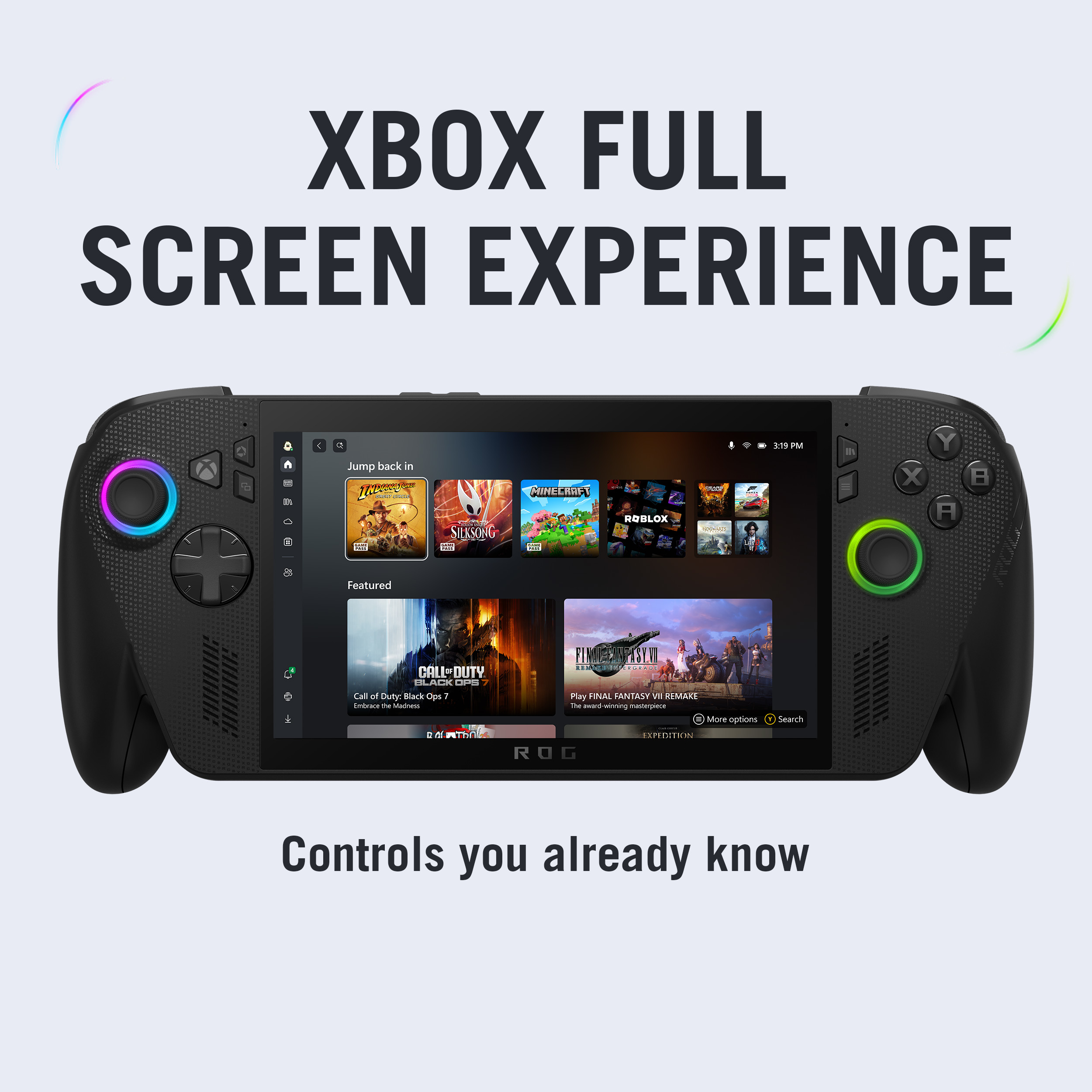 Schwarzes Handheld-Gerät mit Bildschirm, der Spiele-App-Symbole anzeigt. Der Text lautet 'XBOX FULL SCREEN EXPERIENCE'.