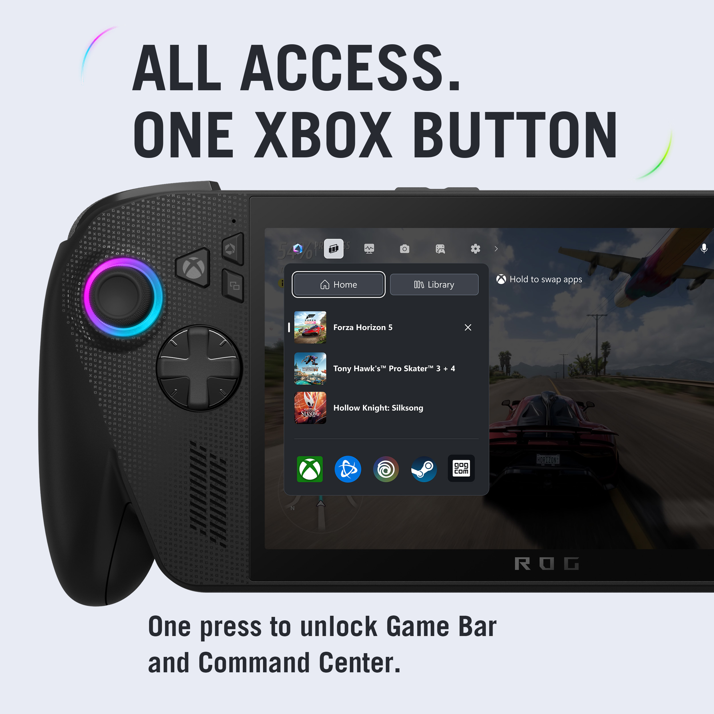 Eine Handheld-Konsole zeigt Spiele, mit einem Controller links. Text: 'ALL ACCESS. ONE XBOX BUTTON'.