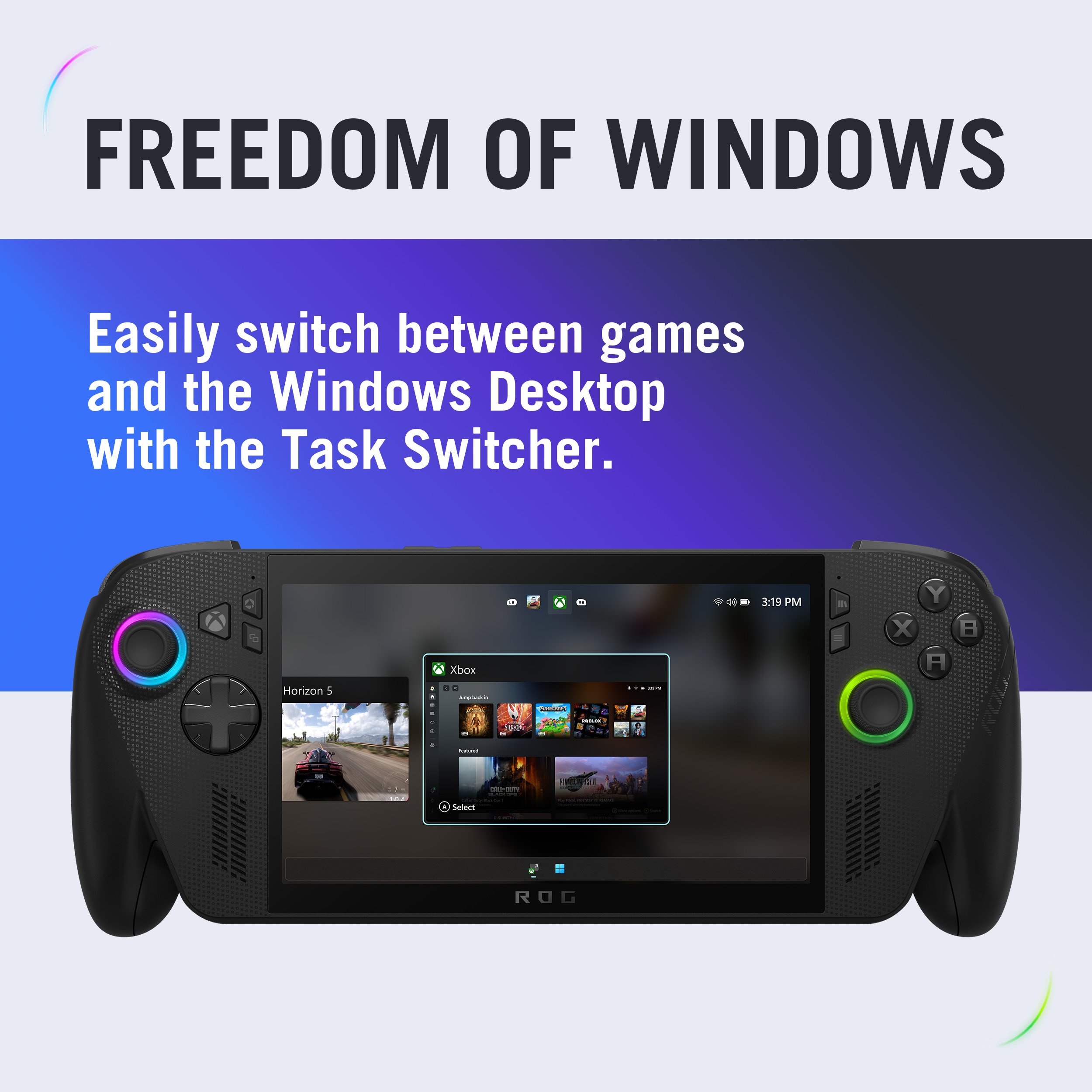Schwarzes ROG-Gaming-Handheld mit Spielauswahl. Text: Freiheit von Windows, einfaches Wechseln von Spielen.