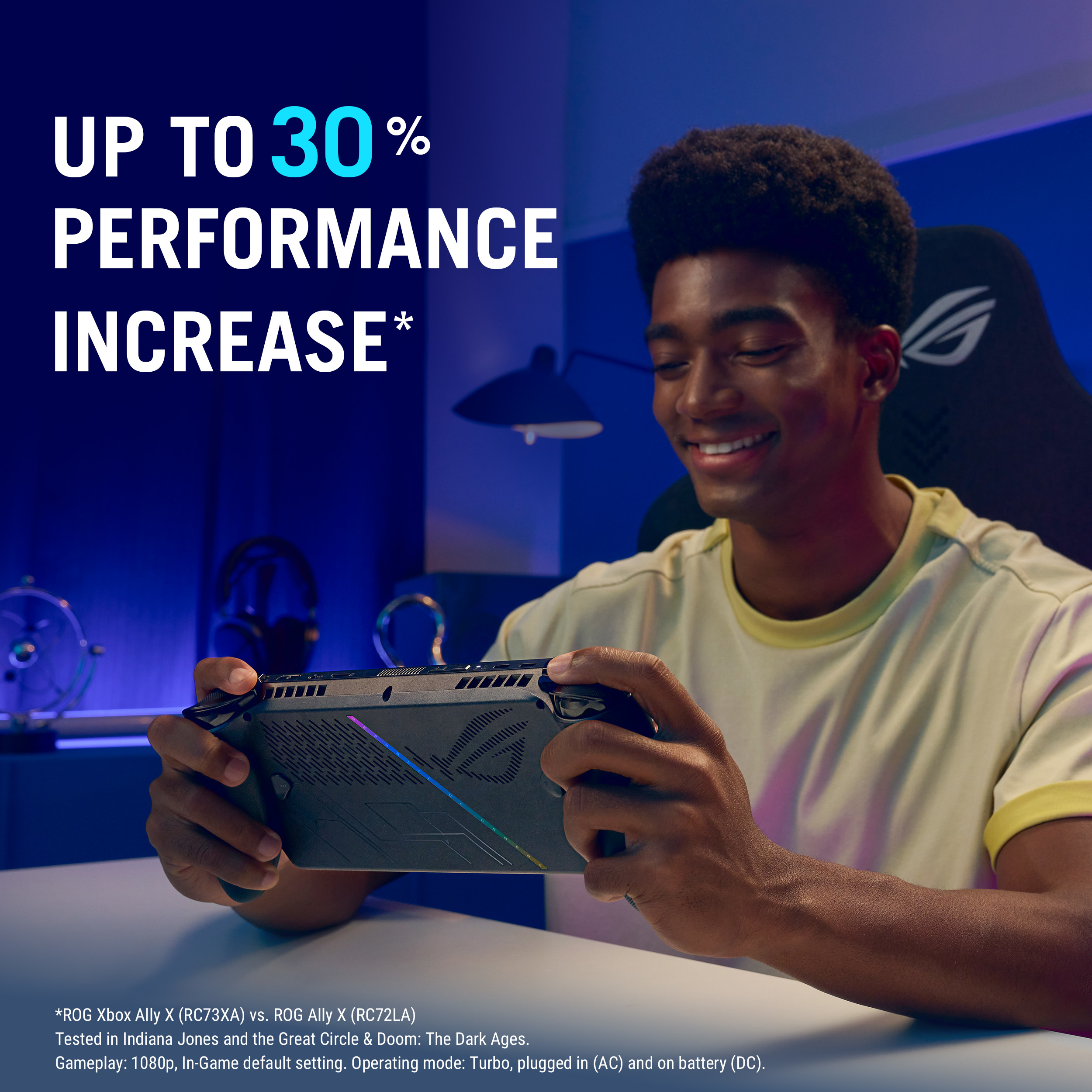 Ein Mann hält eine Handheld-Konsole und lächelt. Der Text lautet 'Bis zu 30% Leistungssteigerung'.
