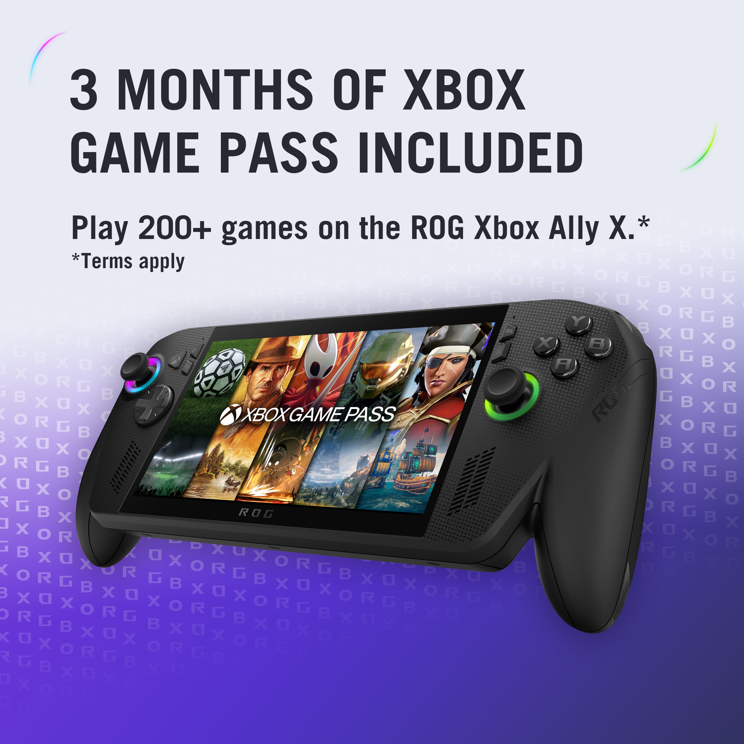 Schwarze Handheld-Konsole mit Bildschirm, der Spielbilder zeigt. Text: '3 Monate Xbox Game Pass inklusive'.
