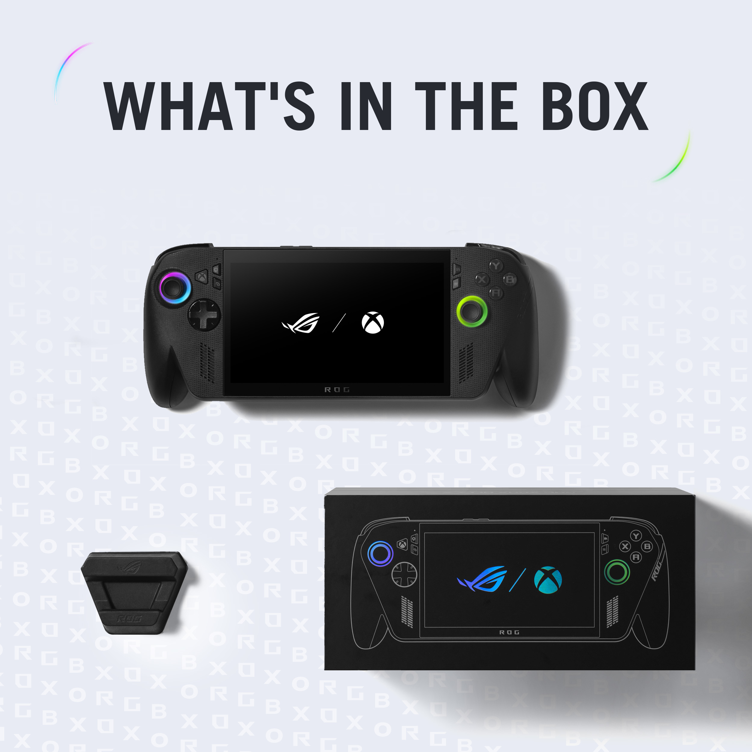 Das Bild zeigt ein schwarzes Handheld-Gaming-Gerät, eine Box und ein kleines schwarzes Zubehör. Der Text lautet 'WAS IST IN DER BOX'.