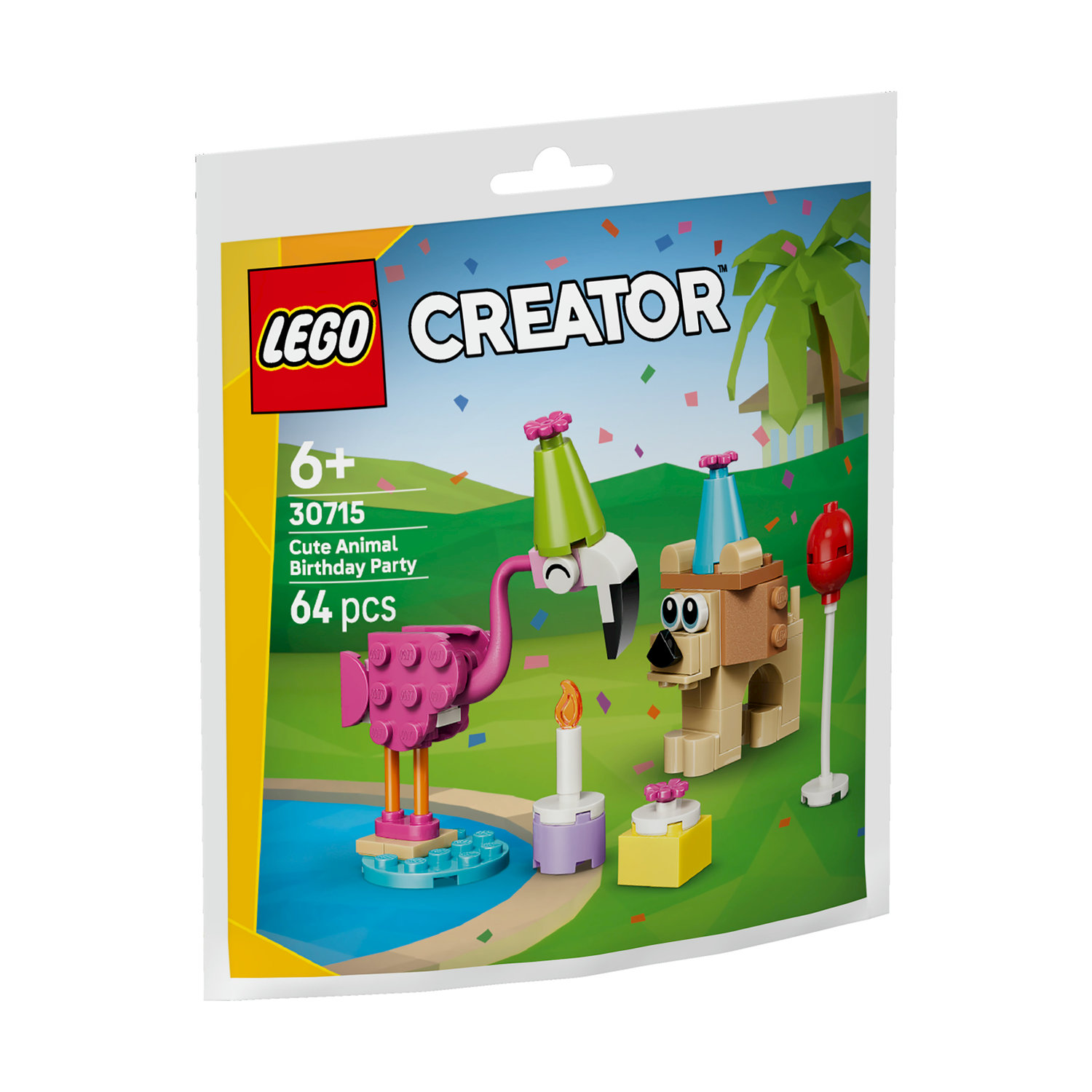 Set LEGO Creator con fenicottero, cane e accessori per feste. La confezione mostra il set con sfondo verde e coriandoli.
