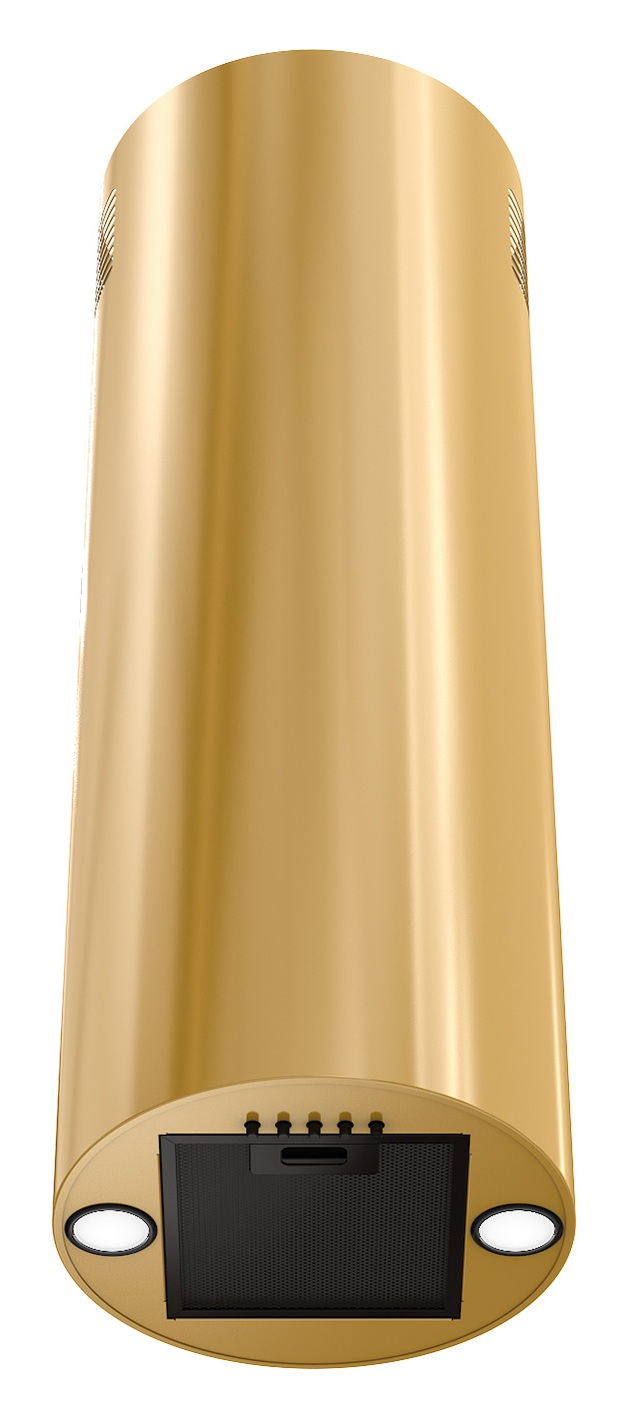 Złoty okap kuchenny o cylindrycznym kształcie. Posiada czarny prostokątny filtr, dwa światła i przyciski sterowania.