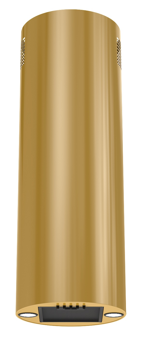 Złoty cylindryczny okap kuchenny. Ma otwór wentylacyjny u góry, prostokątny czarny u dołu i dwa okrągłe światła.