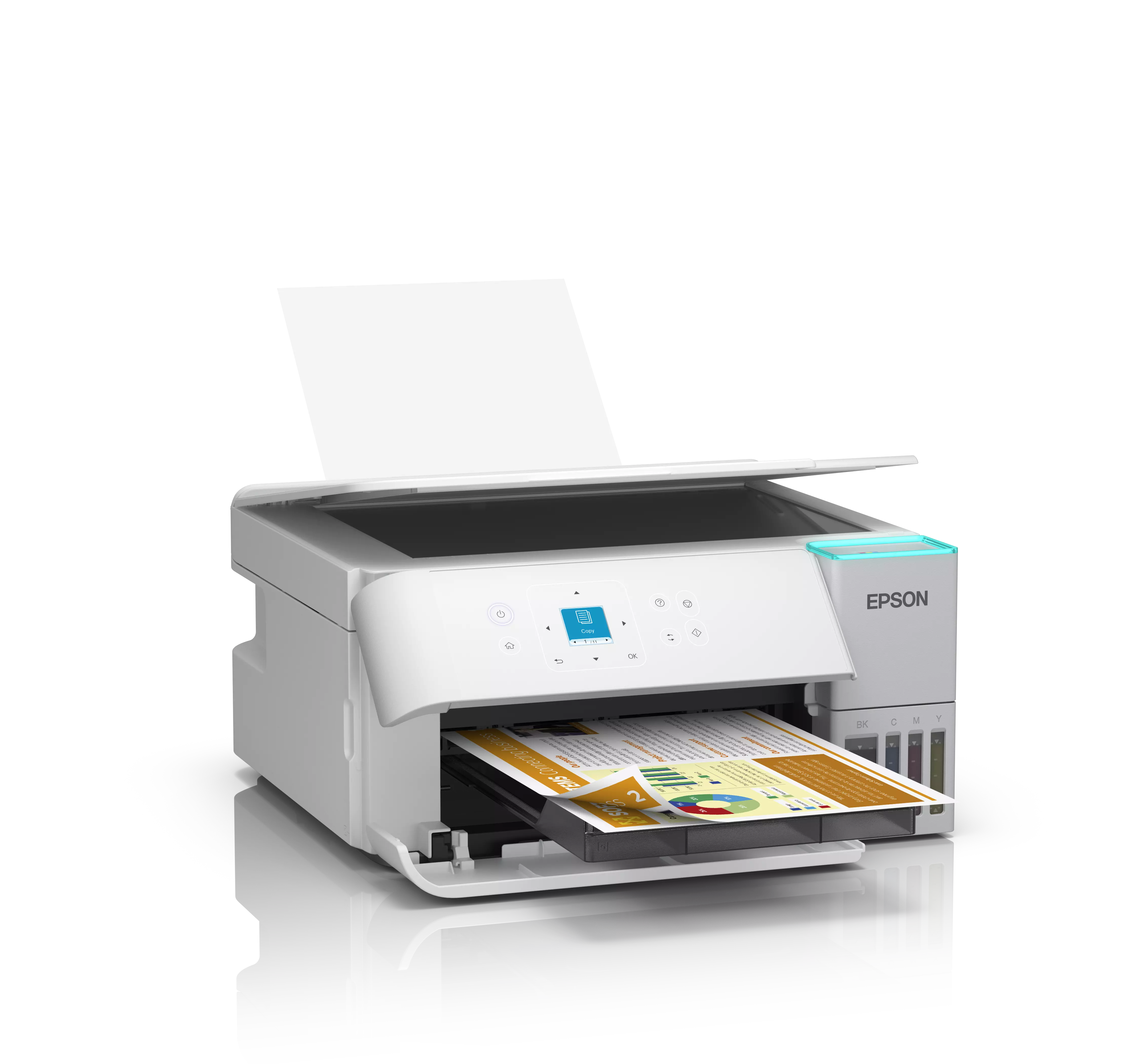 Biała drukarka Epson z podajnikiem papieru. Dokument jest drukowany. Tło jest czarne.