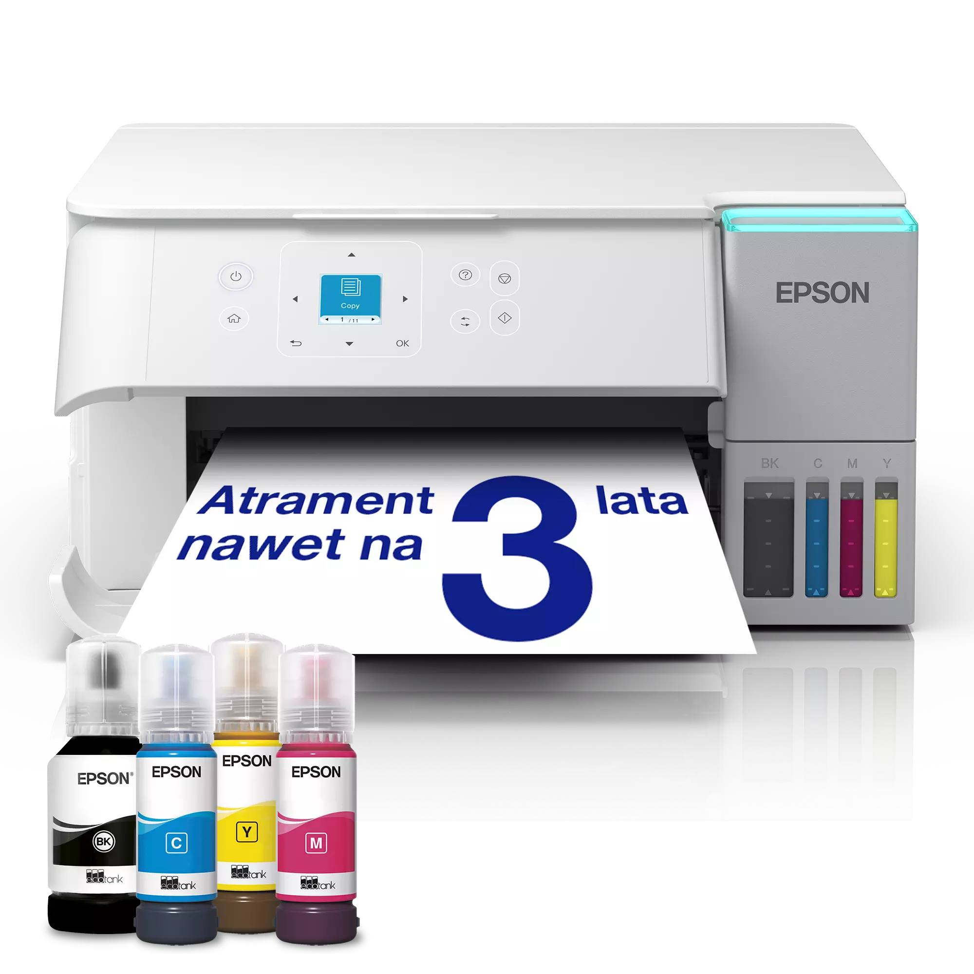 Biała drukarka Epson z butelkami z tuszem. Papier pokazuje '3 lata'. Kolory tuszu: czarny, cyjan, żółty i magenta.