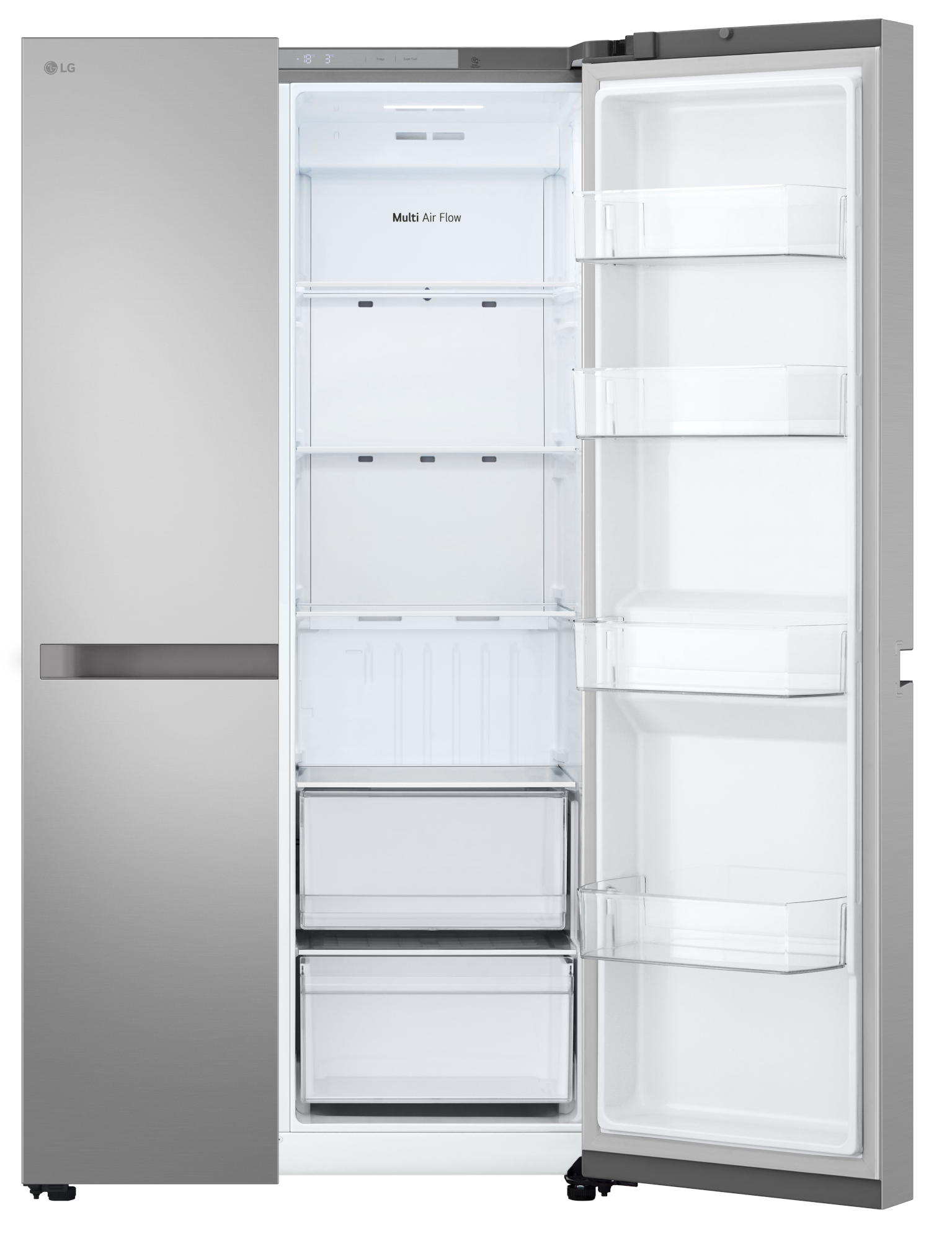 Egy rozsdamentes acél LG hűtőszekrény nyitott ajtóval. Belső polcokkal, fiókokkal és 'Multi Air Flow' felirattal.