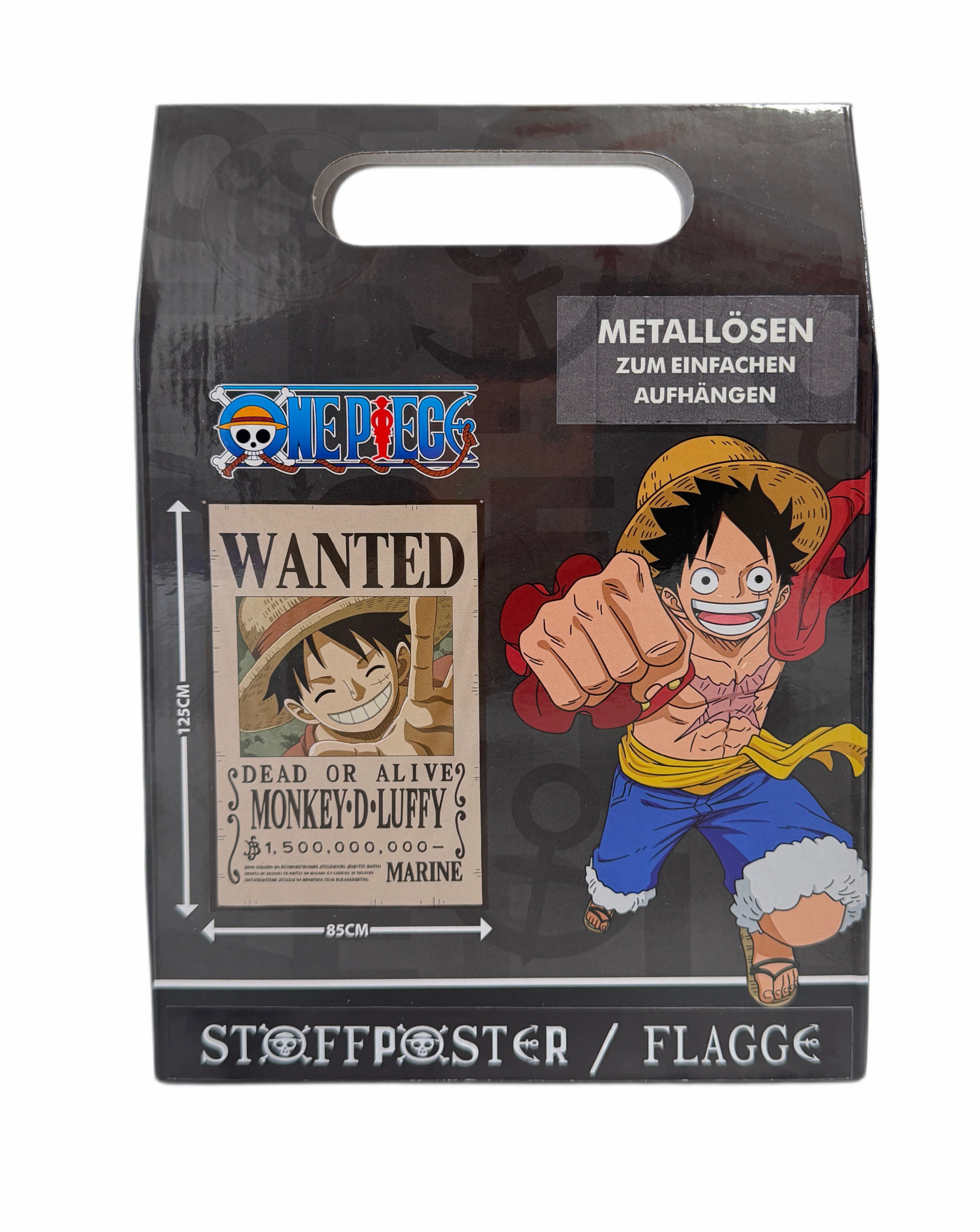 Box mit One Piece-Poster. Luffy boxt. Poster sagt WANTED, Monkey D. Luffy. Abmessungen sind 125cm x 85cm.